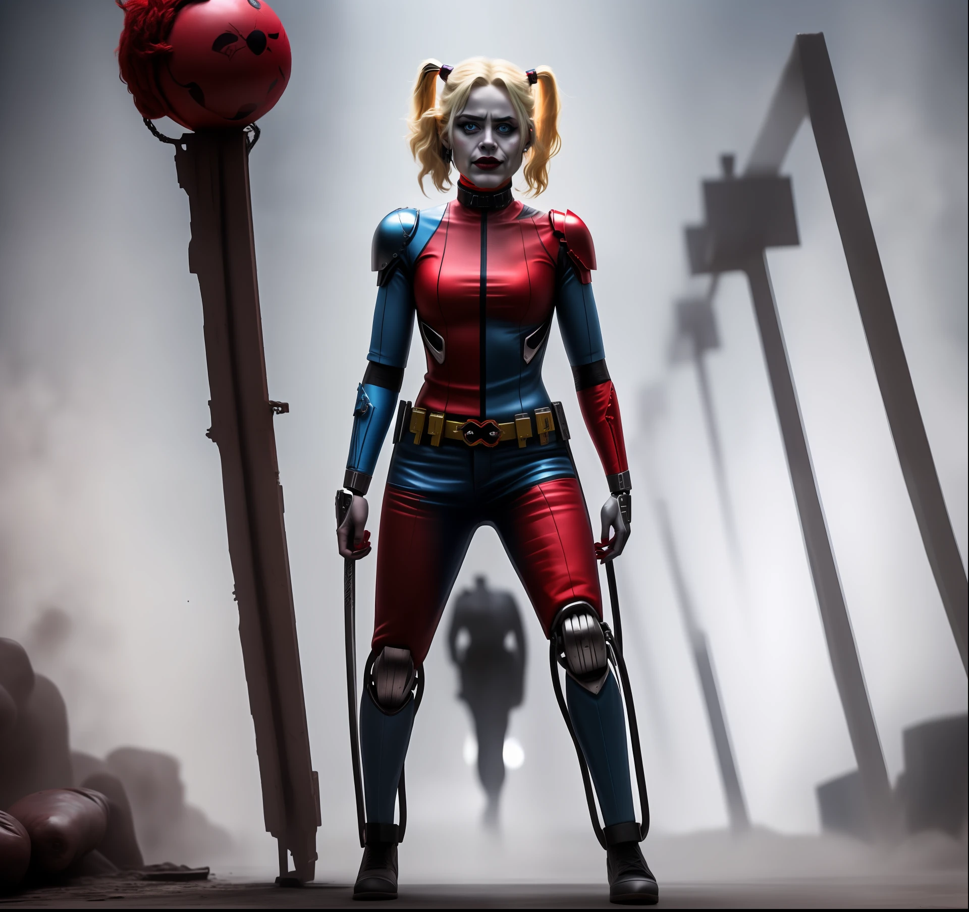 Harley Quinn in cybernetic armor, em um ambiente horripilante, cybernetic clothing, local sombrio, realista, kinematic, 8k, luz ambiente, horror, terror.