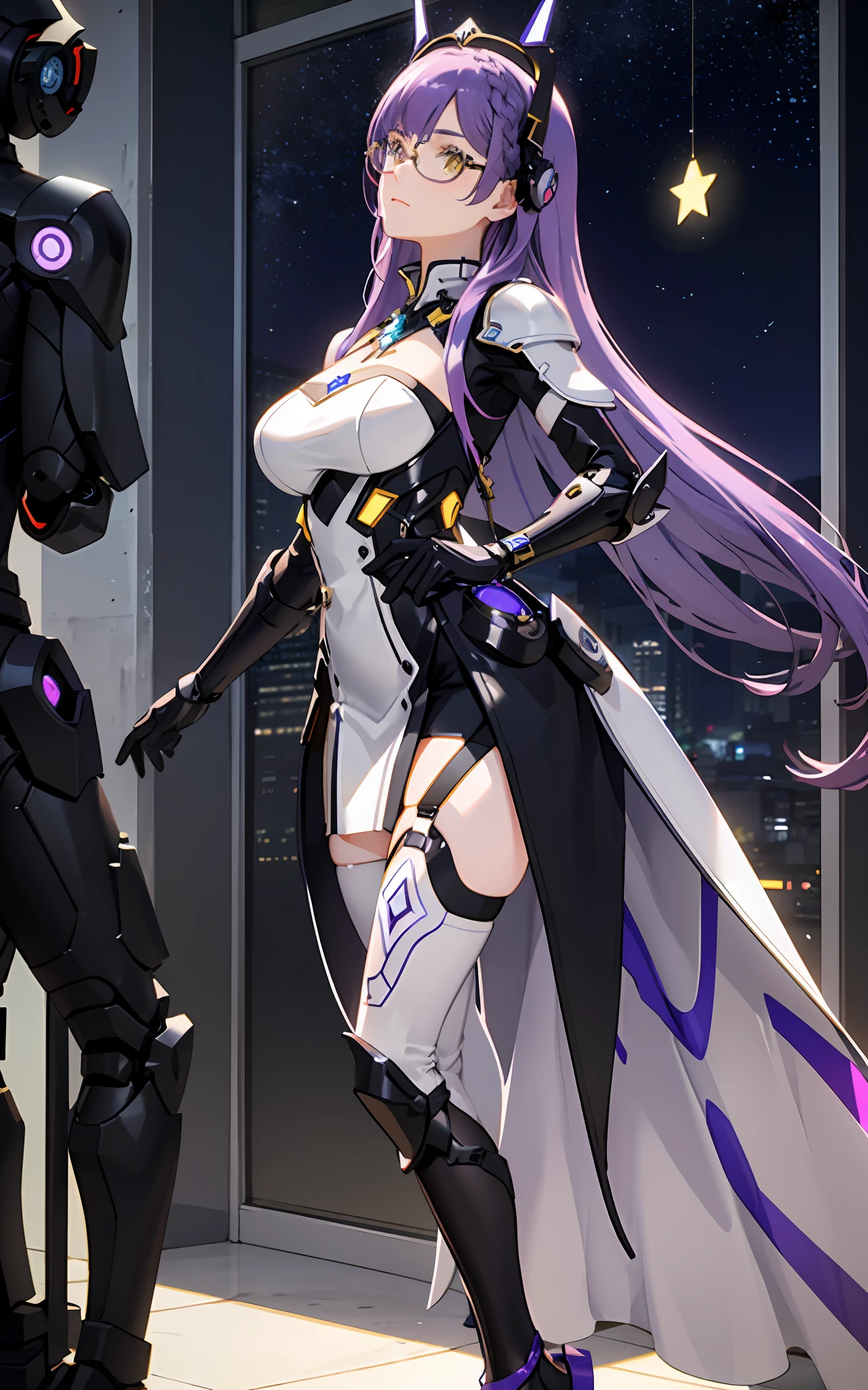 complex anime 3d render ultra detailed, (((masterpiece))), (((best quality))), ((ultra-detailed)),(3D Cartoon rendering),(from side),cinematic light,((single mechanical girl)),({best quality}),(Ultra Fine),(full detail),delicate youthful face,well_developed curves,hourglass_figure,perspective,beautiful_face,high_quality_outfits,futuristic_outfits,silght_blush,full_body,full detail face,protective outfits,Honkai_Impact,scientist,anatomical,Ray Trace;

(purple hair:1.5),indigo hair tips,two strand of deev violet hair framing face,violet ahoge, (long flowy hair sorted into two parts on back),(one long cross-shaped white mechanial headdress,pointing upwards),one long white mechanic triangle tipped head oranment;(exquisite gem-like yellow eyes:1.6,white cross pupil),yellow goggle eyeglasses,golden six-tipped star necklace

Futuristic dress outfit,armored combat suit,mechanic gadgets,elegant and modest outfits,black furry collar,black long slender sleeves,black arm bracers,white bracelets,black gloves,white tanktop with violet lines,black armored corset,violet zipper,violet traces,v-shaped metalic waistband with four gadget holsters,violet waistband,(white scifi armor skirts,knee-length asymmeric segmented hems),(black armor tassets),violet knee-length dress,(black and violet pantyhose),golden gartener belt around left leg,silver waistband with gadget holsters,knee bracers;silver mechanic boots,heeled boots; White mechanic backpack on back;

calm expression,vigilat gaze,stretching hands,standing,looking forwards

white mechanic room with toolstands,standing in a spaceship,starry sky visble through window in background, (starry sky:1.2),dreamy, [[delicate fingers and hands:0.55]::0.85],(detail fingers)
