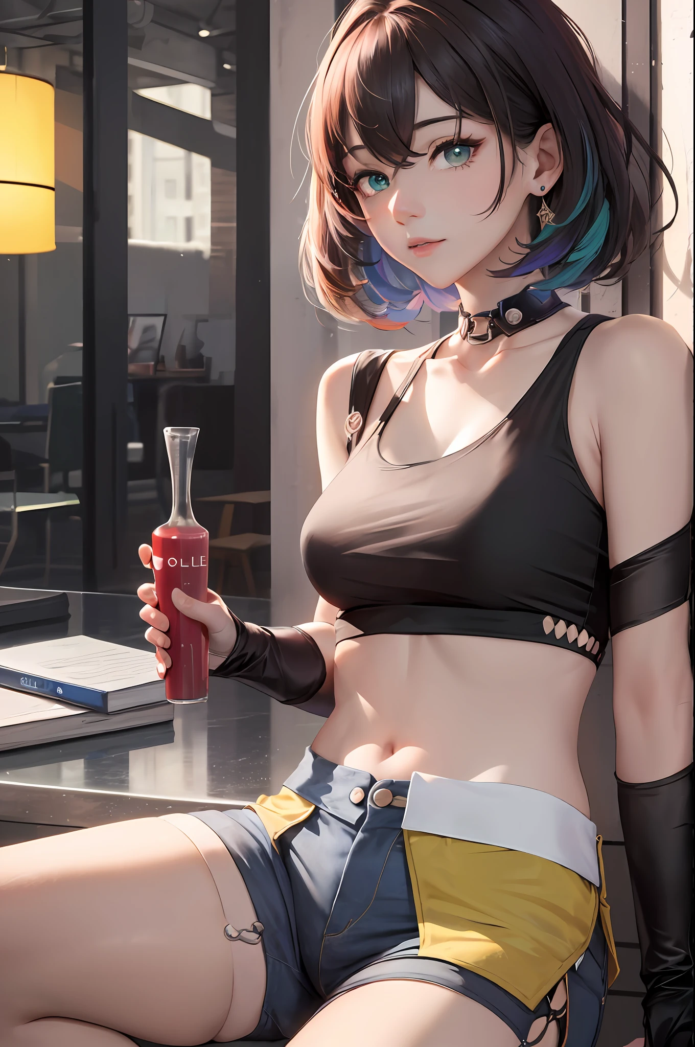 absurds, the best quality t, 1女孩, solo, looking at the viewers, Eye focus, LucoaDM, Casual CL, shortpants, Tank top, thigh thighs, heterochromia, Eye focus, Adcon Green eyes Adkol (dark eye:1.5),slit pupils,Bright pupils,yellow pupils