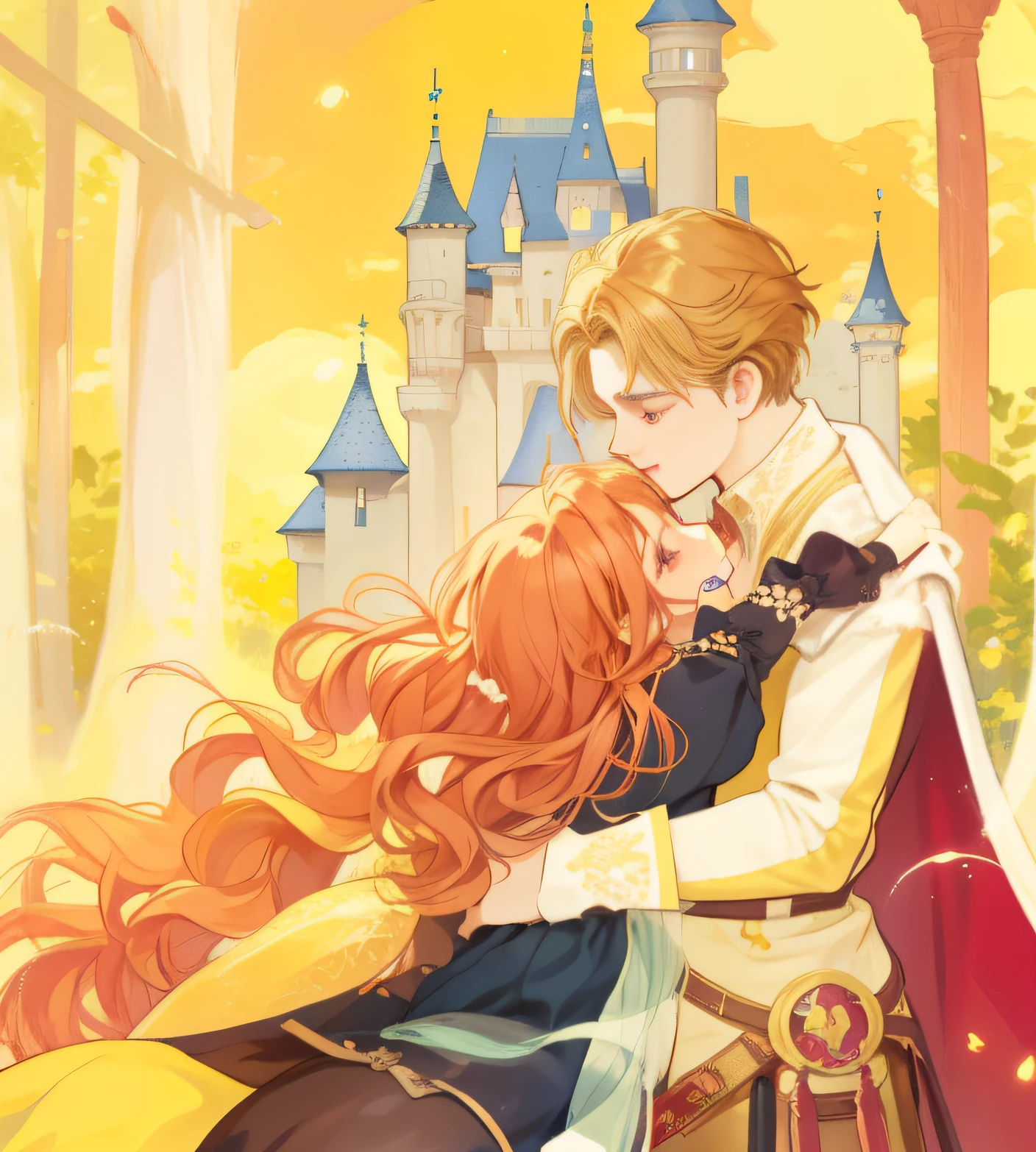 Image of a couple hugging and kissing in front of the castle，Fairy tale illustration style，fairy tale illustrations，fairy tale illustrations，Coronation of the Flower Prince，Fairy tale artwork，fairy tale illustrations，Britney Spears Lee，concept art of love，fairytale，Kikukawa Sakaeyama，Yanagawa Shida，illustartion！，romantic storybook fantasy