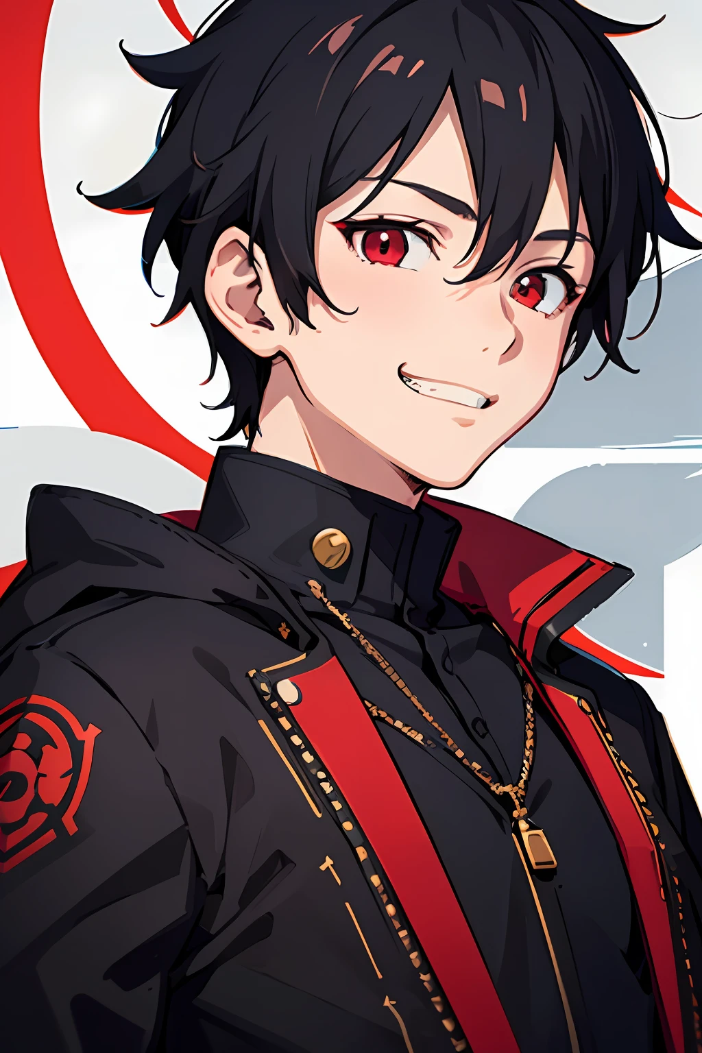 1boy, anime, (((ultra-detailed))), ((masterpiece)), ((illustration)), modern, upper torso, facing forward, neatly styled jet black short hair, sharp red eyes, smug grin, GECS uniform, crop jacket with red accents, full white shirt, fighter