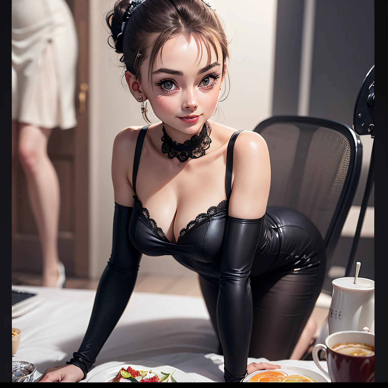 Audrey Hepburn at a , 'Breakfast at Tiffany's' cute and sexy, 視聴者-意識的な視線, big eyes, smilling face, Full body close-up、cinematic painting, Tiffany Background, super photo quality, 8k --auto