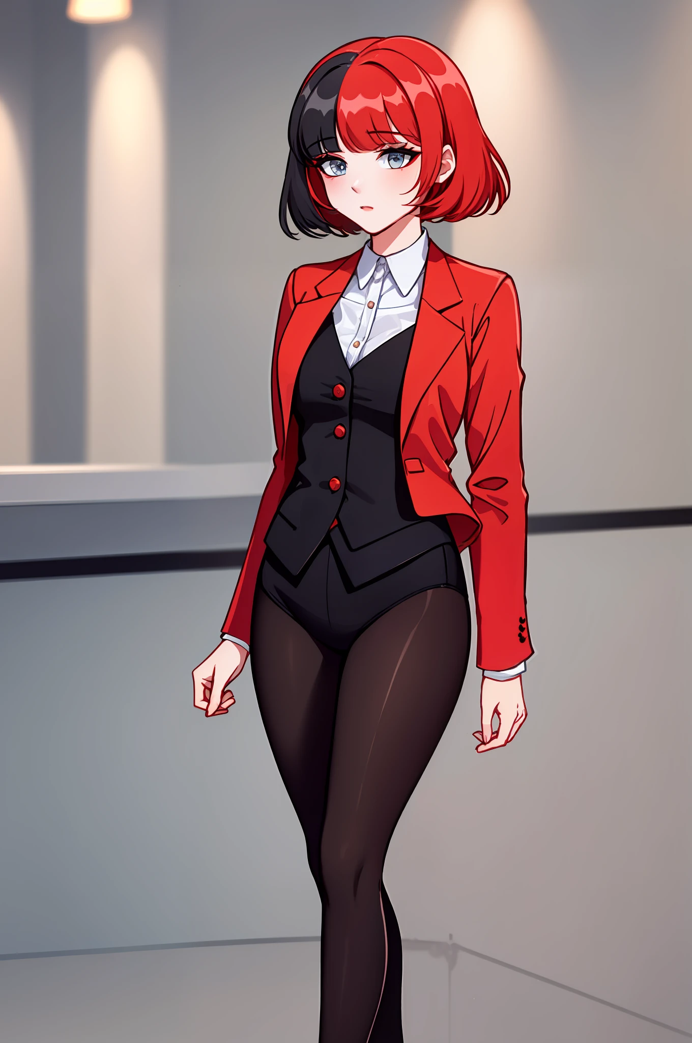 ((masterpiece, Best Quality))), Coupling, ((redhead hair, black hair, multicolored hair)), short hair, pantyhose, suit, business suit, jacket with shirt,