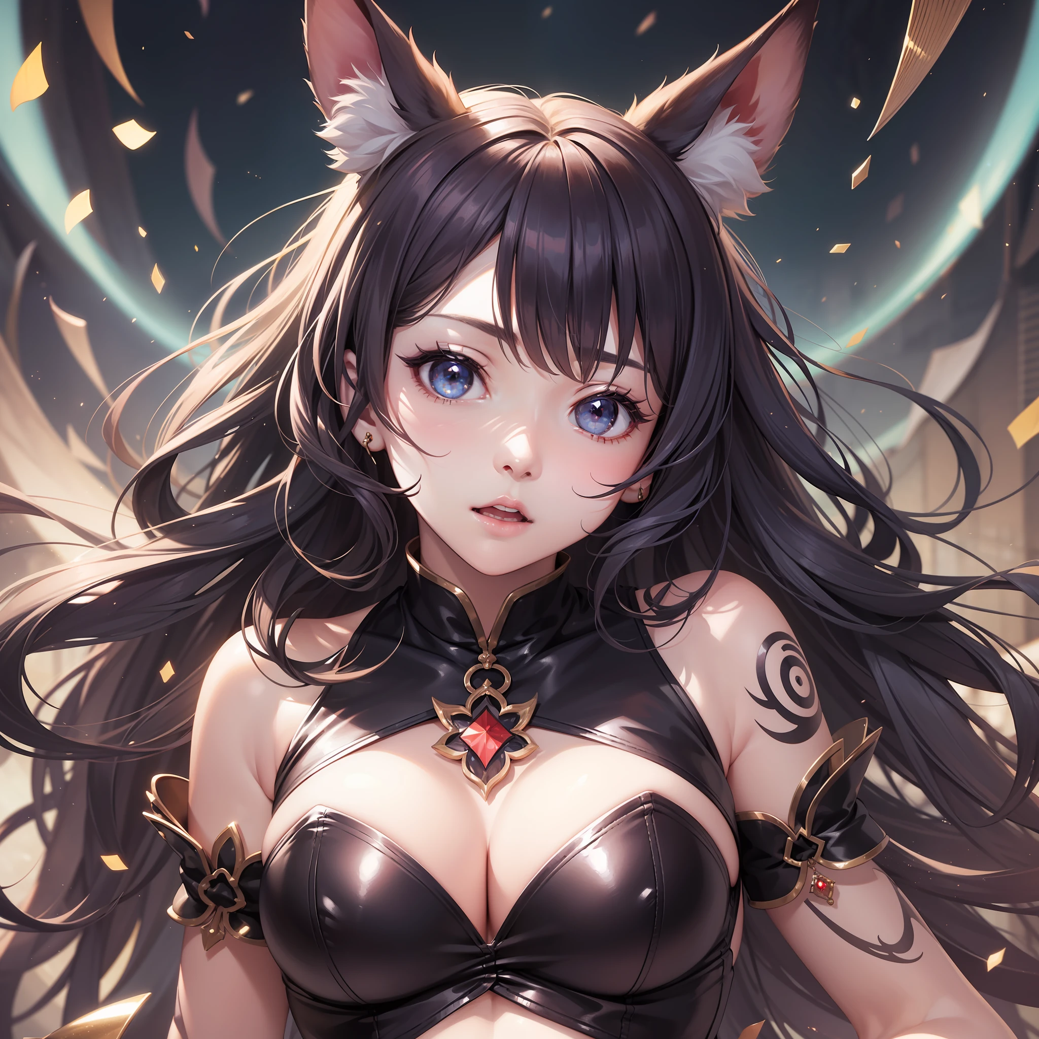 1人の獣女、Very cute rabbit beast woman、Bunny Girl Cosplay、tattooed、short wavy hair、big eyes sparkling red、ABS、great proportions、Whole body shot、background kaleidoscope、the anime、illustration、FANTASY、portrait、、animification、HIGH DEFINITION、The Highest Quality、extremely high image quality、ultra Detailed、ultra Realistic、PHOTOREALISTIC