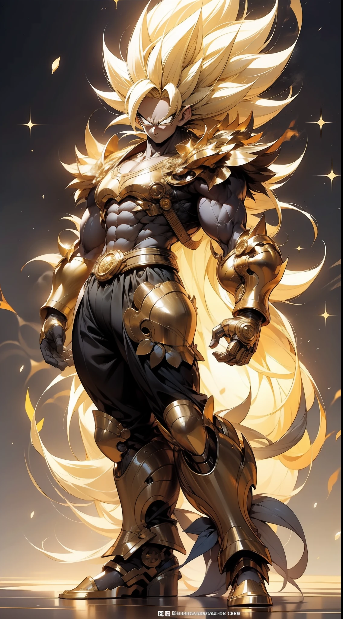 MasterPiece,extremely high detailed,best best quality,Dragon Ball,monkey king,Super Saiyan,1个穿着透明机甲的monkey king,There was lightning all over the body,Steam was bubbling on the mechanical armor,Full body perspective,in the cosmos,Behind it are all stars,Braving with golden light
