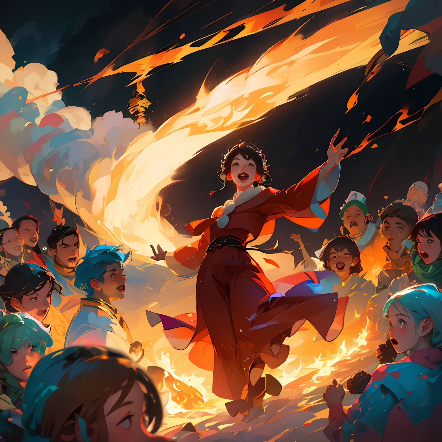 A Girl,red Clothes,national tide,fire flames,Torch Festival,holiday season,singing and dancing,joyous,Outdoor Outside,illustration --auto