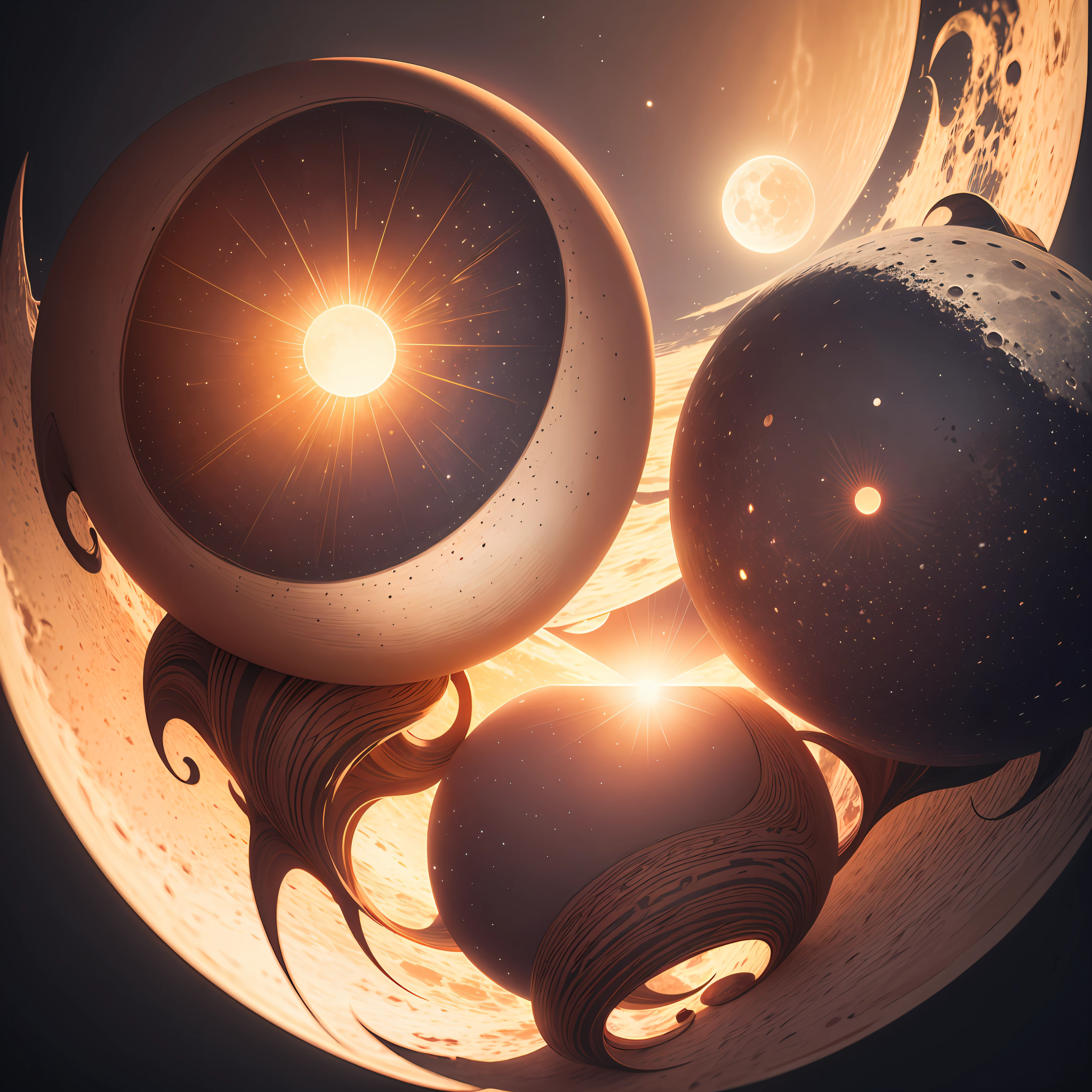 Abstract surreal sun and moon intricate details, Octane rendering 4k, volumetric lighting --auto