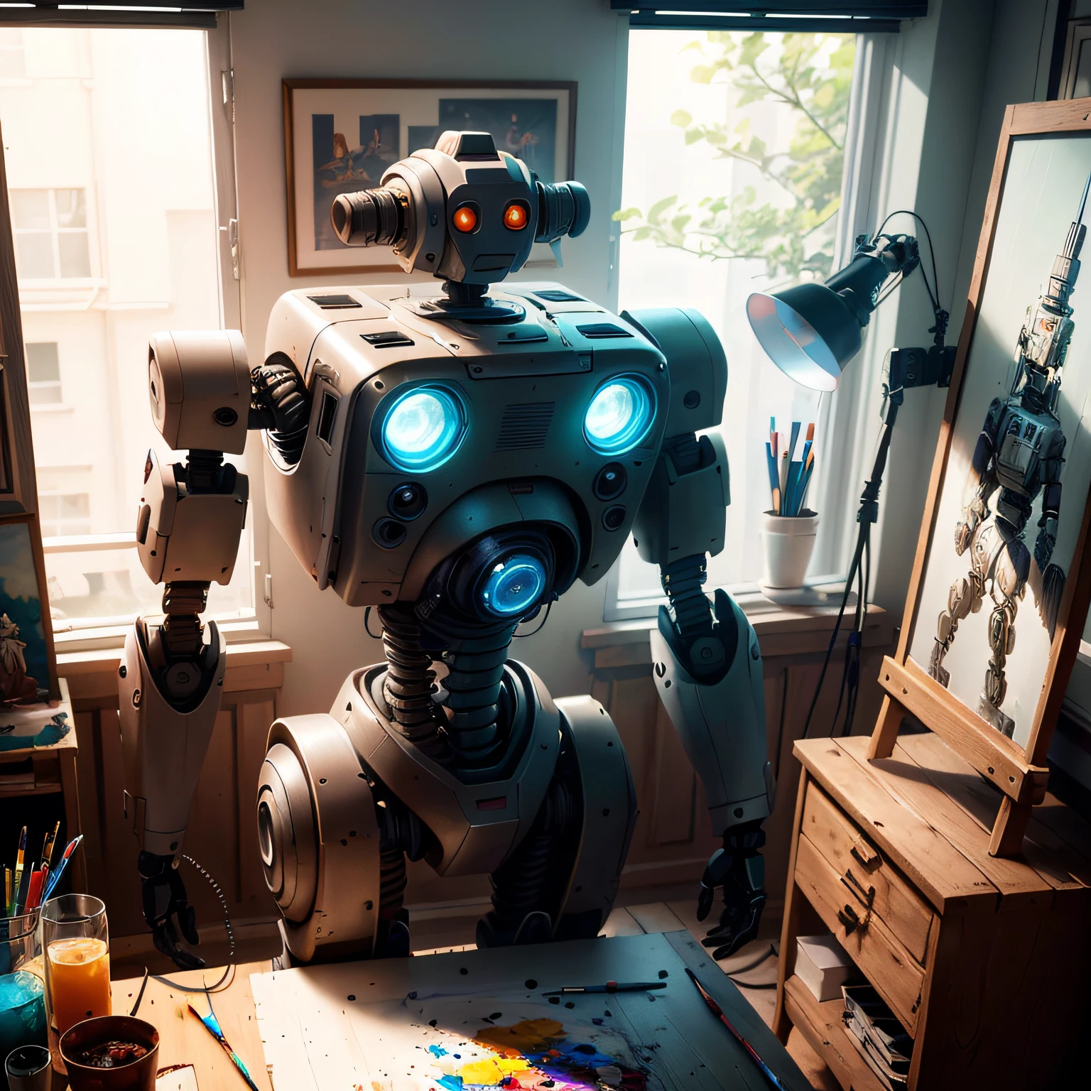 there is a robot that is standing in a room, robot painting a robot on canvas, a still life of a robot, portrait of a futuristic robot, portrait of a robot, beautiful robot character design, DIGITAL PAINTING. octanerendering, 4k highly detailed digital art, futuristic robot, robot portrait, realistic digital art 4k, posing robotically,The picture is bright