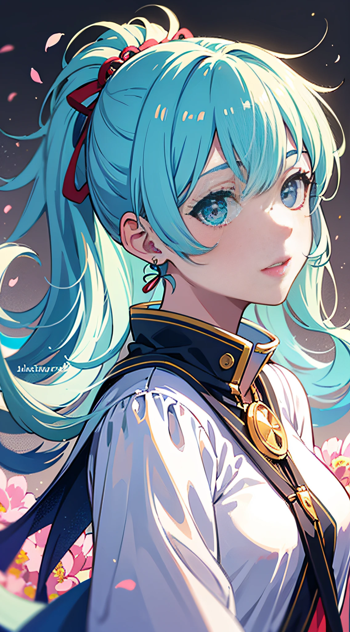 (masterpiece), (best quality), (ultra detailed),(disheveled hair),(illustration), (1girl), (Fashionable clothing), standing, Fashion model, looking at viewer, (interview), (simple background),beautiful detailed eyes, delicate beautiful face, Floating,(high saturation),(colorful splashes),colorful bubble,(shining), focus on face,  ponytail, kamisato ayaka, light blue hair, bangs, hair ring, floating flowers, floating hairs, (shining), best lighting, best shadow,