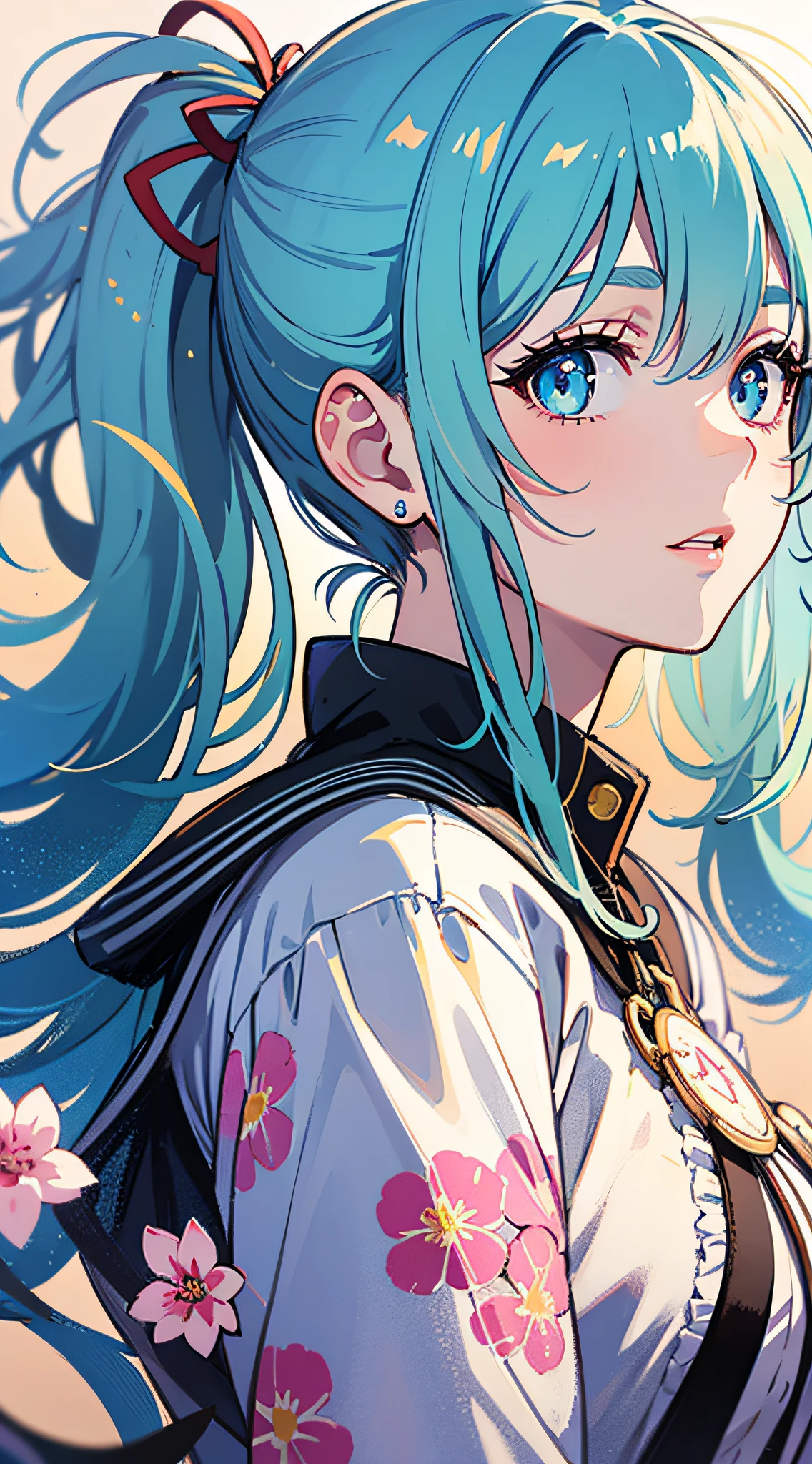 (masterpiece), (best quality), (ultra detailed),(disheveled hair),(illustration), (1girl), (Fashionable clothing), standing, Fashion model, looking at viewer, (interview), (simple background),beautiful detailed eyes, delicate beautiful face, Floating,(high saturation),(colorful splashes),colorful bubble,(shining), focus on face, ponytail, kamisato ayaka, light blue hair, bangs, hair ring, floating flowers, floating hairs, (shining), best lighting, best shadow,