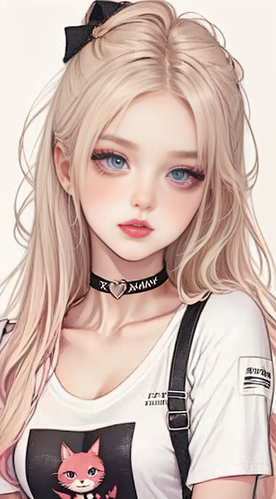 1 pretty girl, branded long hair, t-shirt, Choker, pretty eyes, minimalistic background