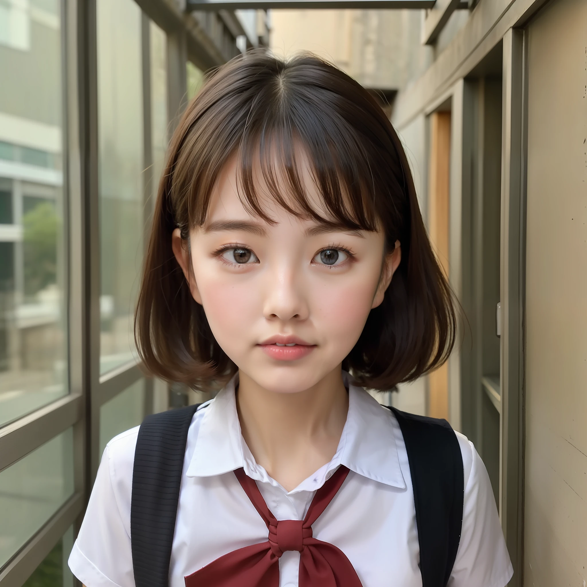 Cute high school girl looking at camera、Short cut、up shot of the face、Summer uniform、from front view