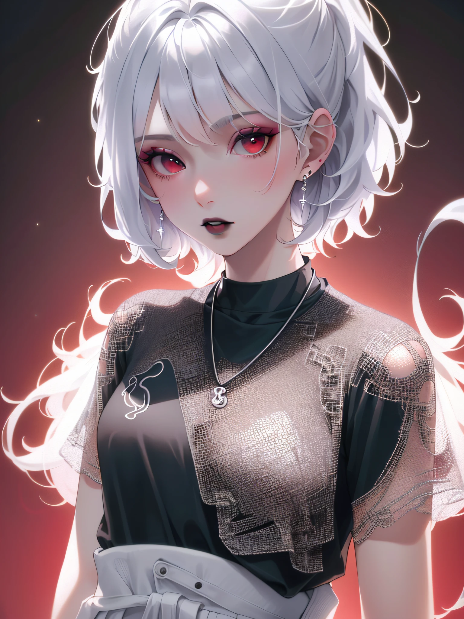 1girl, solo, goth, (black t-shirt:1.3), (t-shirt:1.5), makeup, black lipstick, parted lips, red eyes, white hair, short hair, messy hair, cute, ultra-detailed, illustration, intricate, detailed, extremely detailed, detailed face, soft lighting, soft light, soft focus, perfect face, beautiful, accurate anatomy, overexposure, 8k, 4k, (highres:1.1), best quality, (masterpiece:1.3), simple background, (waist up:1.1), flat chest, earrings, jewelry, necklace, sparkle, glow, (white baggy pants:1.4), (red background:1.5), (from below:0.5)