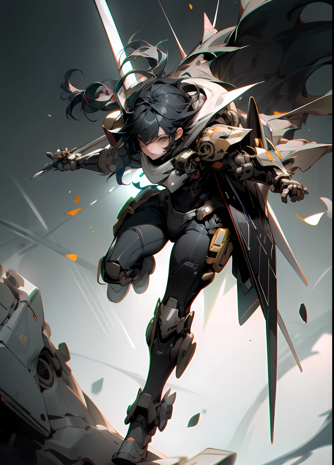 ((best Quality)), ((Masterpiece)), (Very Detail: 1.3), 3D, Icaru valkirie-mecha, Beautiful cyberpunk woman wearing crown, with master chef style armor, sci-fi technology, HDR (high dynamic range), raytraced, nvidia RTX, Ultra Resolution, unreal 5, subsurface scatter, pbr texturing, post-processing, anisotropic filtering, depth offield、, Maximum sharpness and sharpness, multi-layer texture, specular and albedo mapping, Surface coloring, accurate simulation of light-material interactions, perfect proportions, octanerendering, two-tone lighting, low ISO, white balance, Rule of Thirds, large aperture, 8K RAW, high efficiency subpixels, Subpixel Convolution, Light particles, light scattering, Tyndall effect, very sexy, full body, Battle posture, black hair with braids,