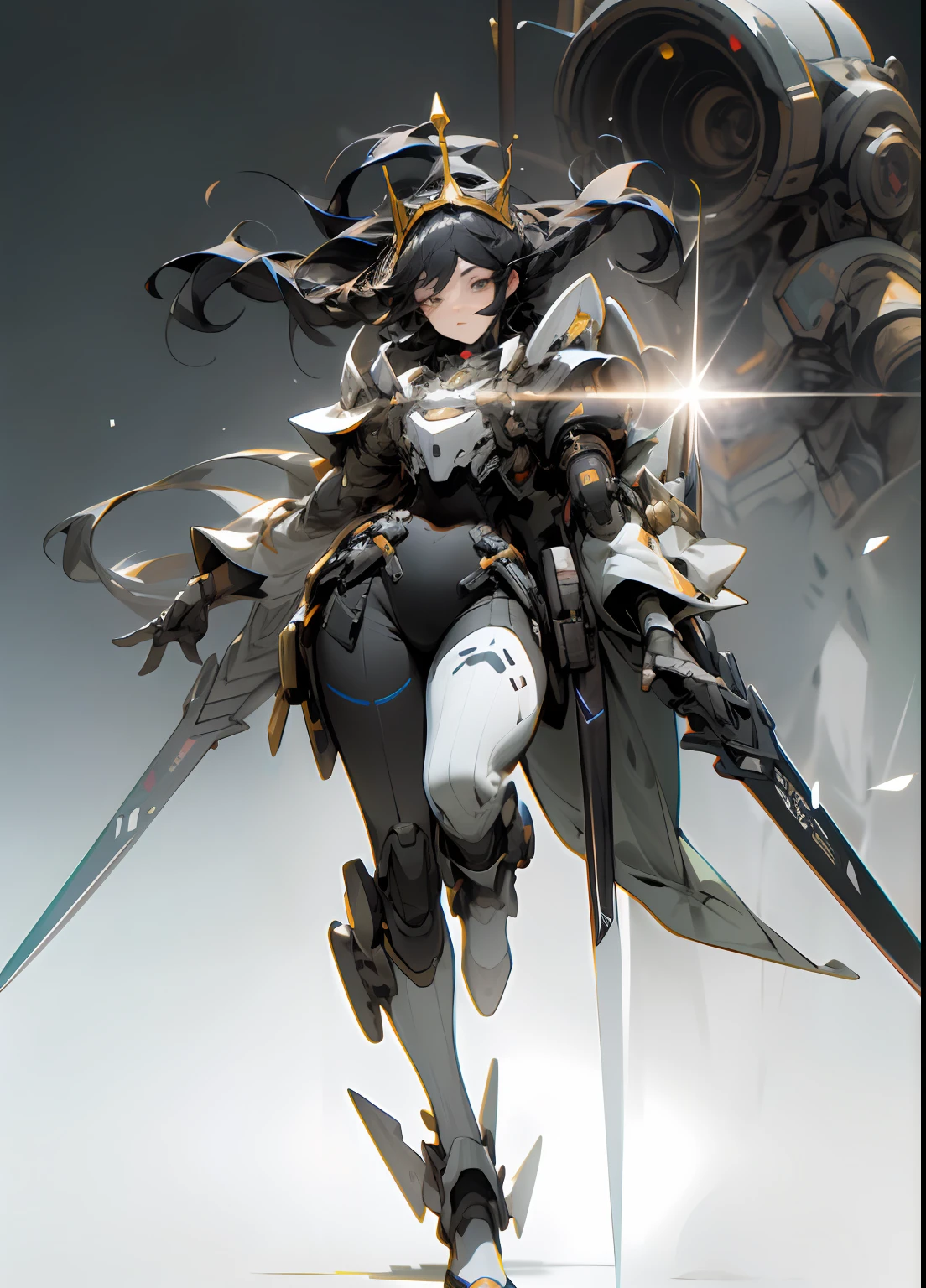 ((best Quality)), ((Masterpiece)), (Very Detail: 1.3), 3D, Icaru valkirie-mecha, Beautiful cyberpunk woman wearing crown, with master chef style armor, sci-fi technology, HDR (high dynamic range), raytraced, nvidia RTX, Ultra Resolution, unreal 5, subsurface scatter, pbr texturing, post-processing, anisotropic filtering, depth offield、, Maximum sharpness and sharpness, multi-layer texture, specular and albedo mapping, Surface coloring, accurate simulation of light-material interactions, perfect proportions, octanerendering, two-tone lighting, low ISO, white balance, Rule of Thirds, large aperture, 8K RAW, high efficiency subpixels, Subpixel Convolution, Light particles, light scattering, Tyndall effect, very ????, full body, Battle posture, black hair with braids,