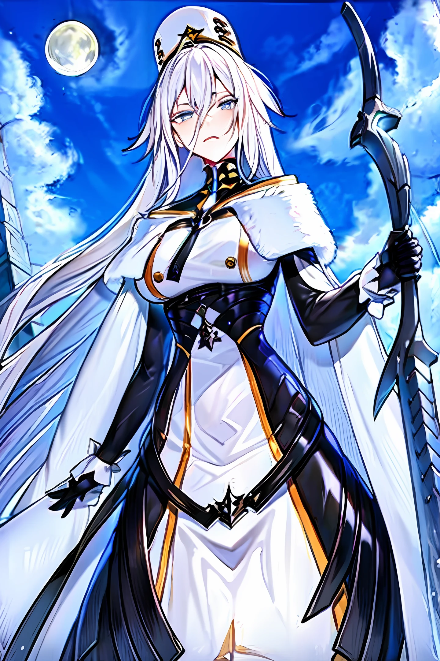 Scene of white haired girl knight, anime style, brass colored armor, black color armor, Great sword, glowing sword, moon, bronze eyes, glowing eyes, electricity, stary sky,