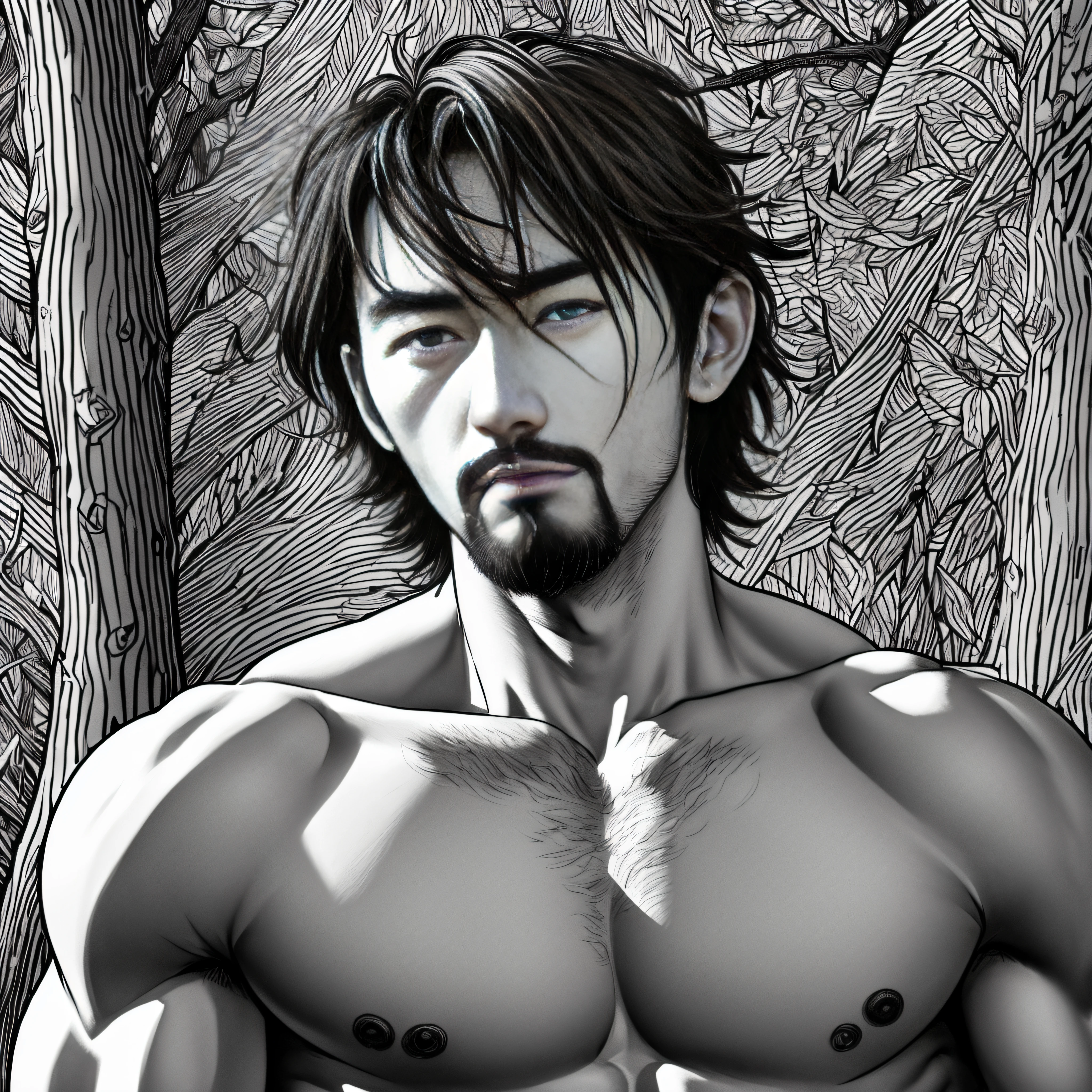 (Hiroko Yuhiguchi, 1.4), Yuko Higuchi,(By Yoh:1.2),(master masterpiece,best best quality,Official fine art,Beauty and Aesthetics:1.2),(Hyperdetail),((No panties:1.2))((Inch hair is short,Short beard stubble:1.1))((bobed hair,brush cut,32岁muscle man:1.1))Finely detail,best illustrations,Hand drawn high quality,(High Contrast),(Clean lines:1.3),(arte de linha),Line Drawing,(Complex lines),Ligne Claire,s fractal art,stroke,ukiyoe style,(full body portrait,No pants on,extreme close up:1.1),(muscle man,No pants on:1.1)(He was surrounded by dead trees:1.1),The perfect facial features of a supermodel,full body showing(Short hair,Bearded stubble),Thong boy,Surround composition,Perfect pectorals and abs,mysterious night,Extremely provocative and sexy(increased detailing),(Detailed background:1.2),(cores、),High res,Extreme detail((Super artistic sense,No panties,只用-一根红色枫叶树枝遮挡下体,Looming behind the structure:1.2))