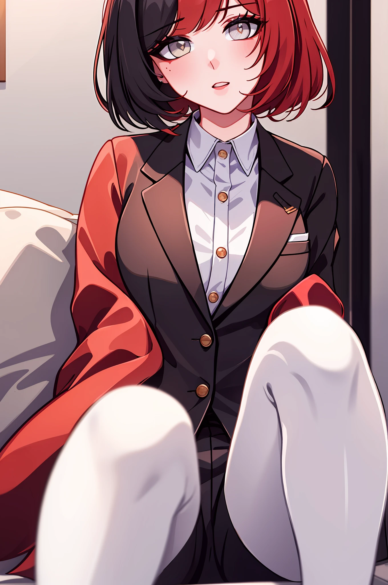 ((masterpiece, Best Quality))), Coupling, solo, 1girl, ((redhead hair, black hair, multicolored hair)), short hair, pantyhose, suit, business suit, beige jacket with white shirt, beige jacket, white shirt