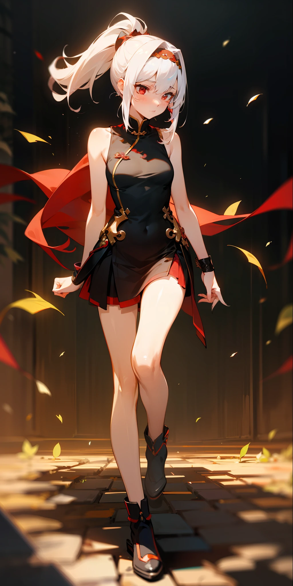 (maximum quality)，(depth offield)，(FULLBODY)，lovely，Rich Detail，(white hair)，Two-dimensional，long ponytail，Light red eyes，Red hair accessories，[blushed]，(Shying)，Sleeveless，open shoulders，the street，leafs falling。