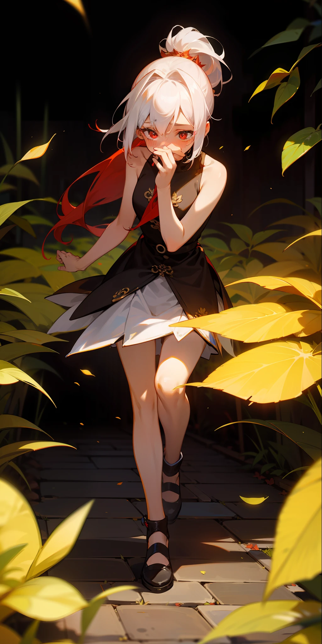 (maximum quality)，(depth offield)，(FULLBODY)，lovely，Rich Detail，(white hair)，Two-dimensional，long ponytail，Light red eyes，Red hair accessories，[blushed]，(Shying)，Sleeveless，open shoulders，the street，leafs falling。