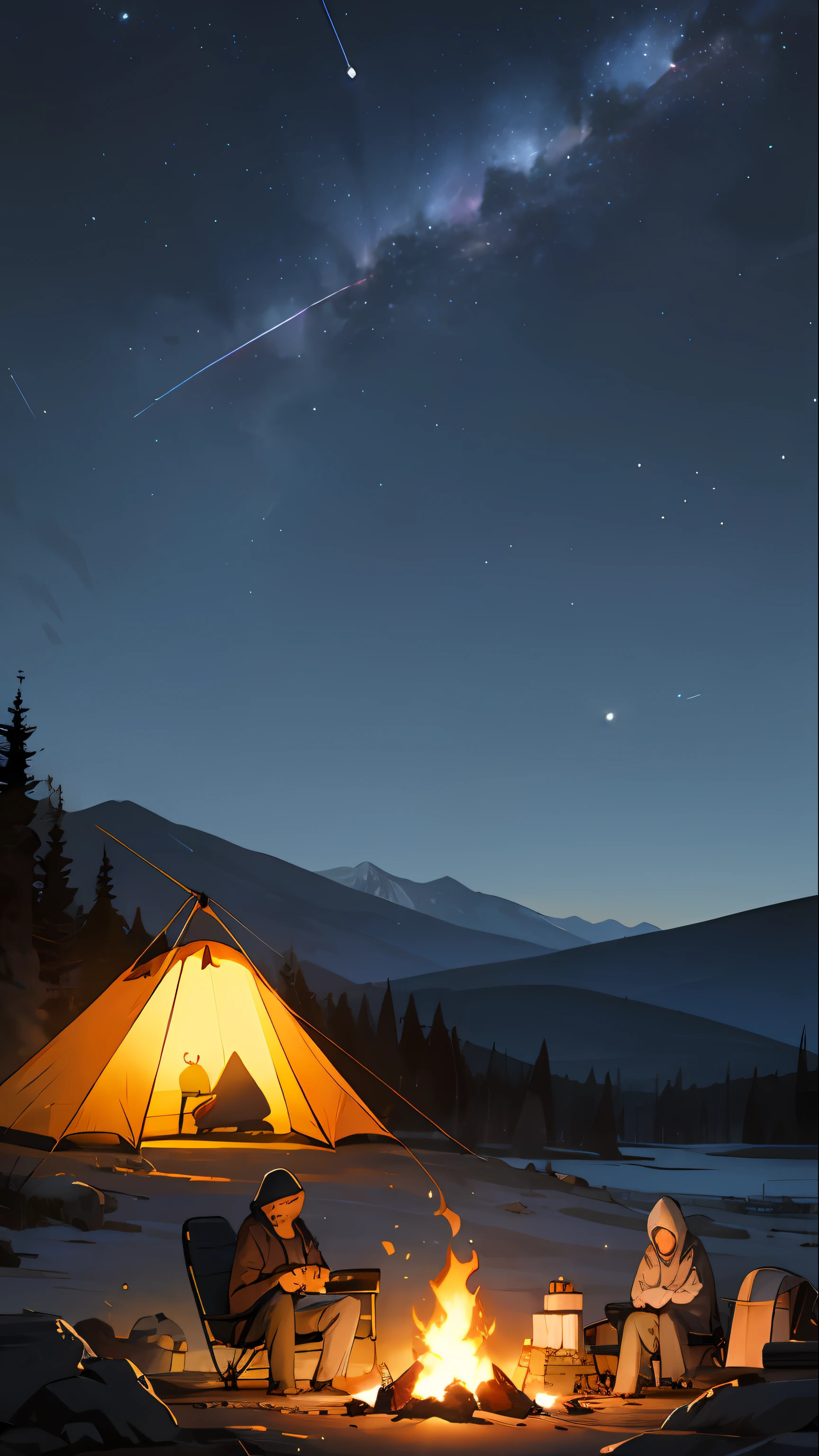 Poster Design，night starry sky，Distant mountains，A few camped around a campfire，There are tent cars