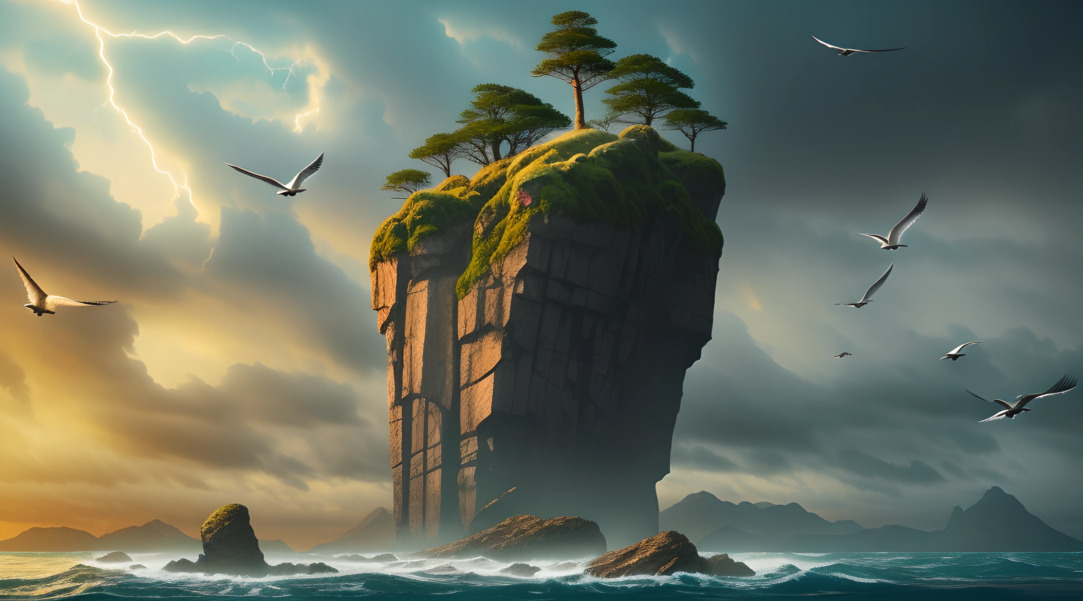 huge ancient rock (with trees an moss) floating in the air, over storm sea, seagulls flying around, muted colors, digital illustration, approaching perfection, dynamic, highly detailed, artstation, concept art, smooth, sharp focus, illustration, ominous, matte painting movie poster, golden ratio