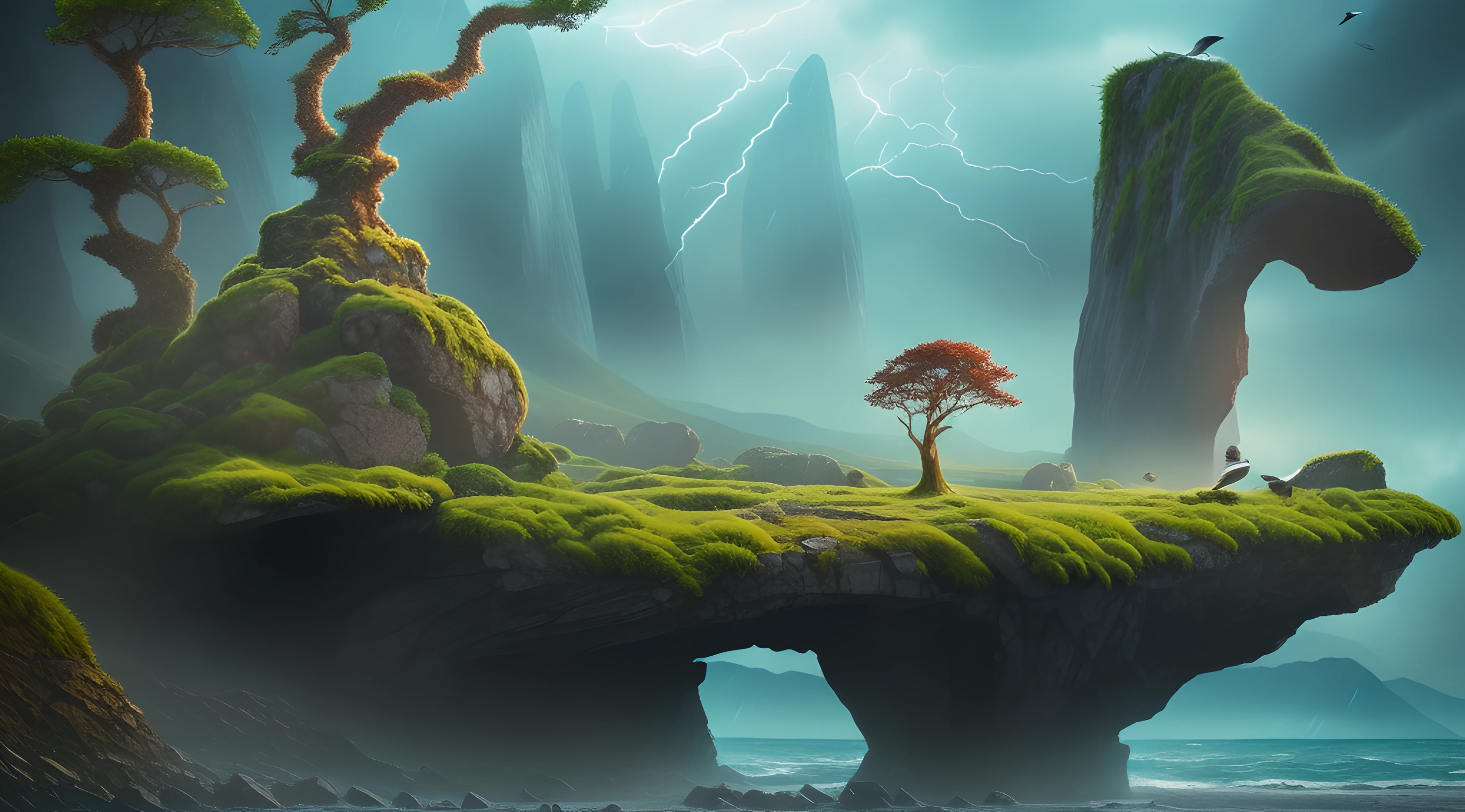 huge ancient rock (with trees an moss) floating in the air, over storm sea, seagulls flying around, muted colors, digital illustration, approaching perfection, dynamic, highly detailed, artstation, concept art, smooth, sharp focus, illustration, ominous, matte painting movie poster, golden ratio