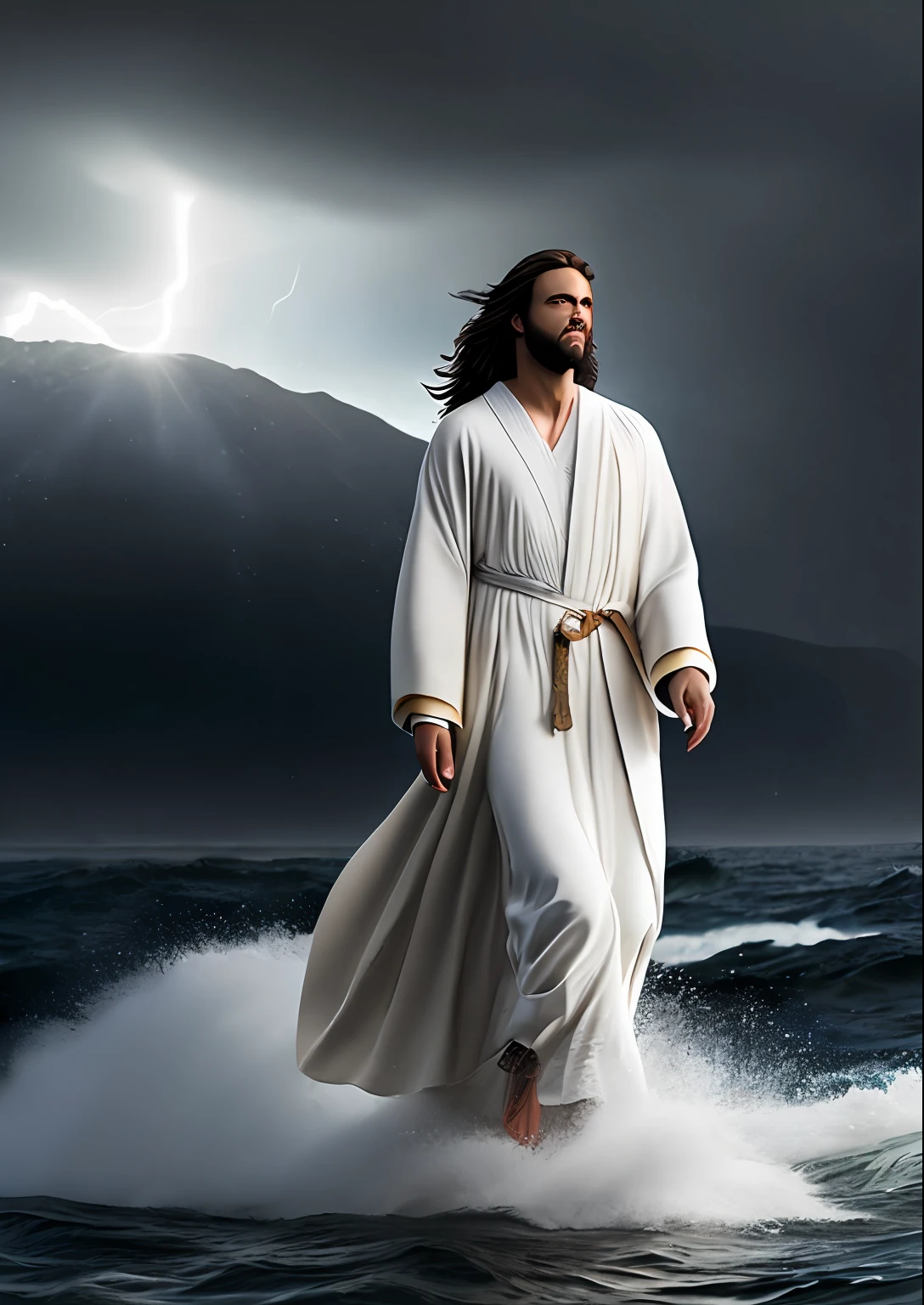 Jesus Christ walking on water in a storm, white robes, waves, soft expression, dark sky with lightning, lightning, photo realism, masterpiece, high quality, high quality, highly detailed CG unit 8k wallpaper, award-winning photos, bokeh, depth of field, HDR, bloom, chromatic aberration, realistic, very detailed, trend in CGsociety, complex, high detail, dramatic, volumetric lighting