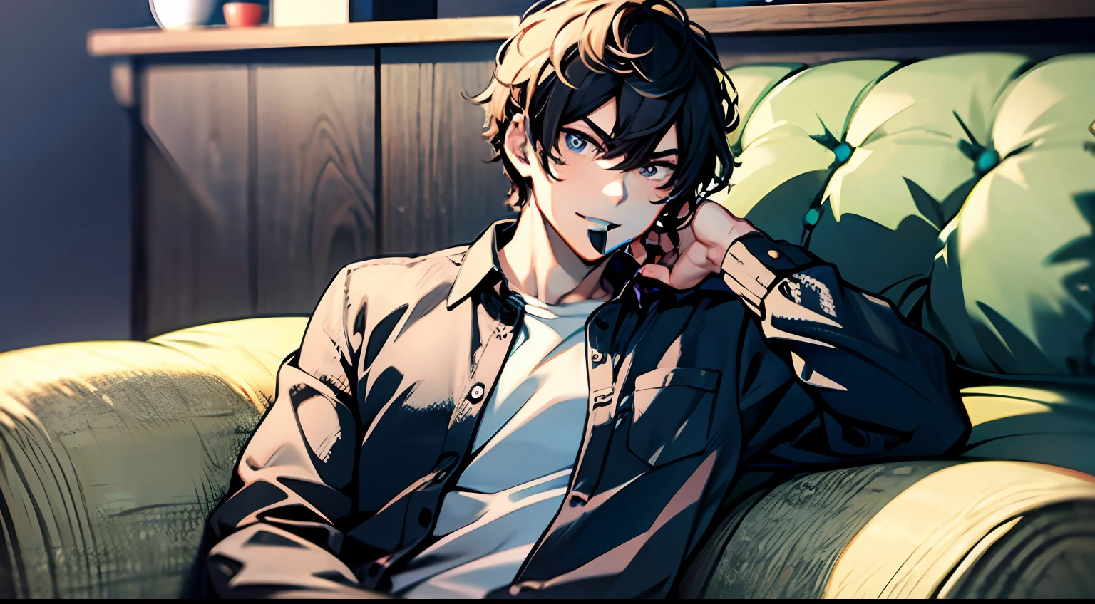 MasterPiece,Best quality,A guy,Wear an inch shirt,Happy serious,Sofa,parlor