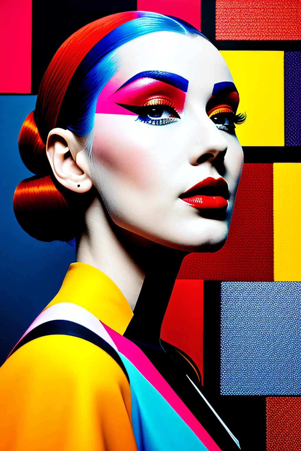 a close up of a woman in a colorful dress with a red lip, inspired by Mondrian, avant garde fashion model, fashionable futuristic woman, cyborg fashion model, inspired by Piet Mondrian, inspired by Darek Zabrocki, beautiful android woman, futuristic look, inspired by Karel Dujardin, geometric abstract beauty, futuristic fashion, futuristic woman portrait