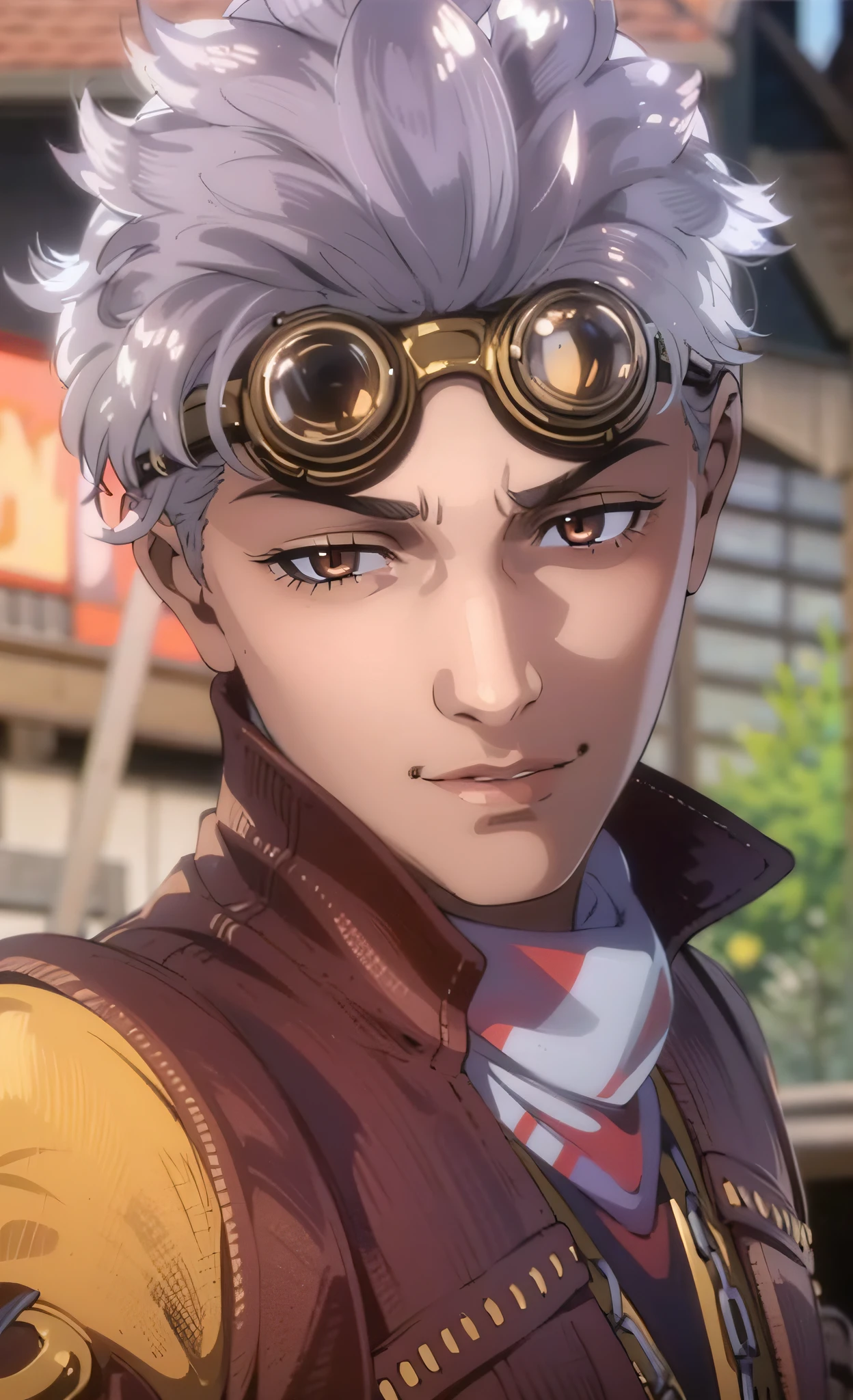 a close up of a person wearing a leather jacket and goggles, akihiko yoshida. UNREAL ENGINE, character close up, character close-up, Sherkred Waters, portrait of thancred, As《iron fist》role, Sakimichan, close up character, monkey king, thancred waters in style of wlop,((handsome face)),((Exquisite Facial Features)),