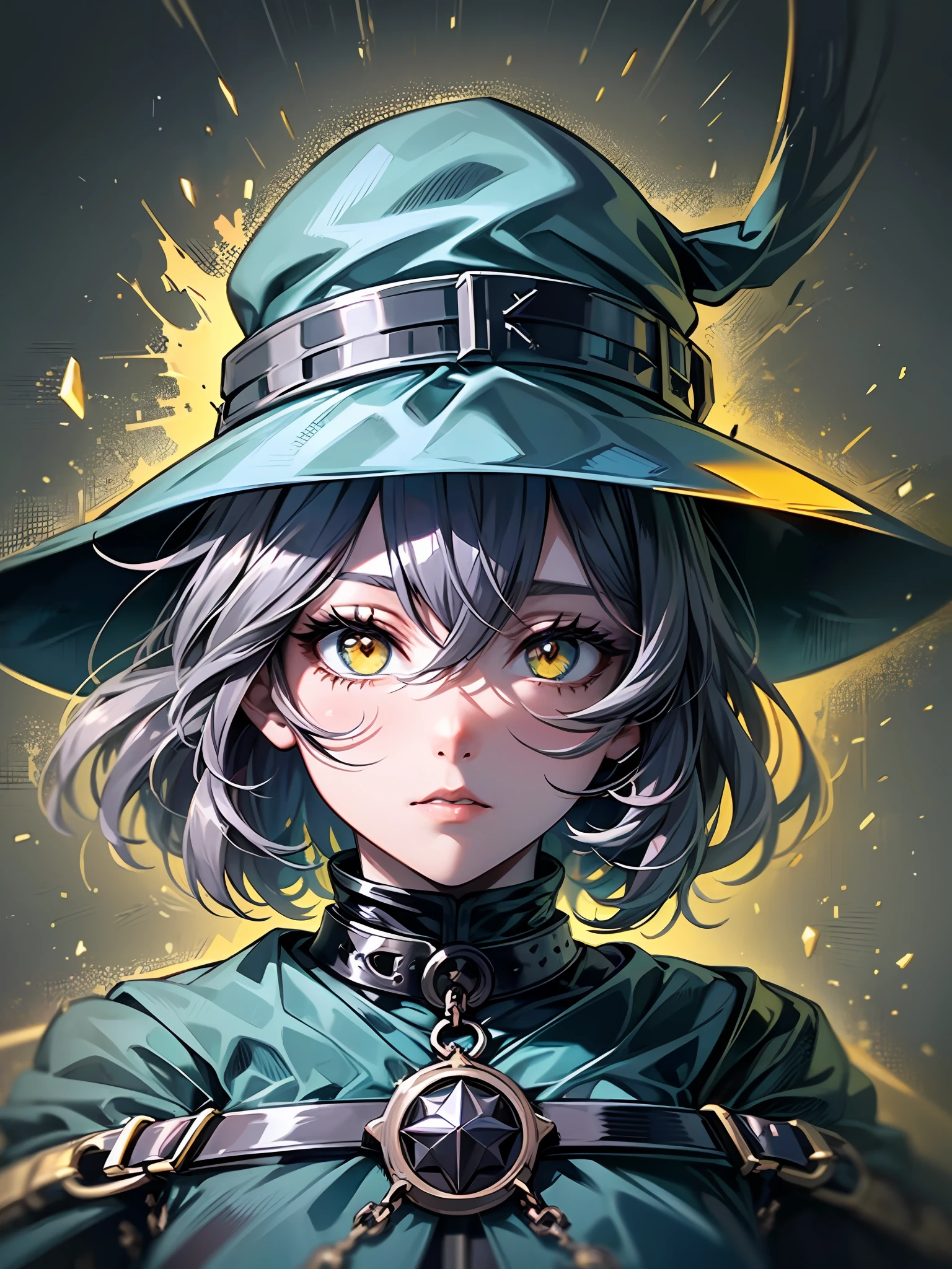 (darkest dungeon style:1.4), (1girl, solo:1.3),20 years old,(wizard hat, magic wand:1.1), beautiful face, sad, (biege, brown and black outfit, fantasy adventurer outfit, slave collar:1.3), (transcendent spirits:1.2), (fantasy background:1.3),messy hair, bob cut, ((brown hair), grey strands in hair, ((partly colored hair)):1.3), (vibrant yellow eyes:1.2),(fine facial features), white warm illumination, realistic anime artstyle, (medium shot:1.3), thin