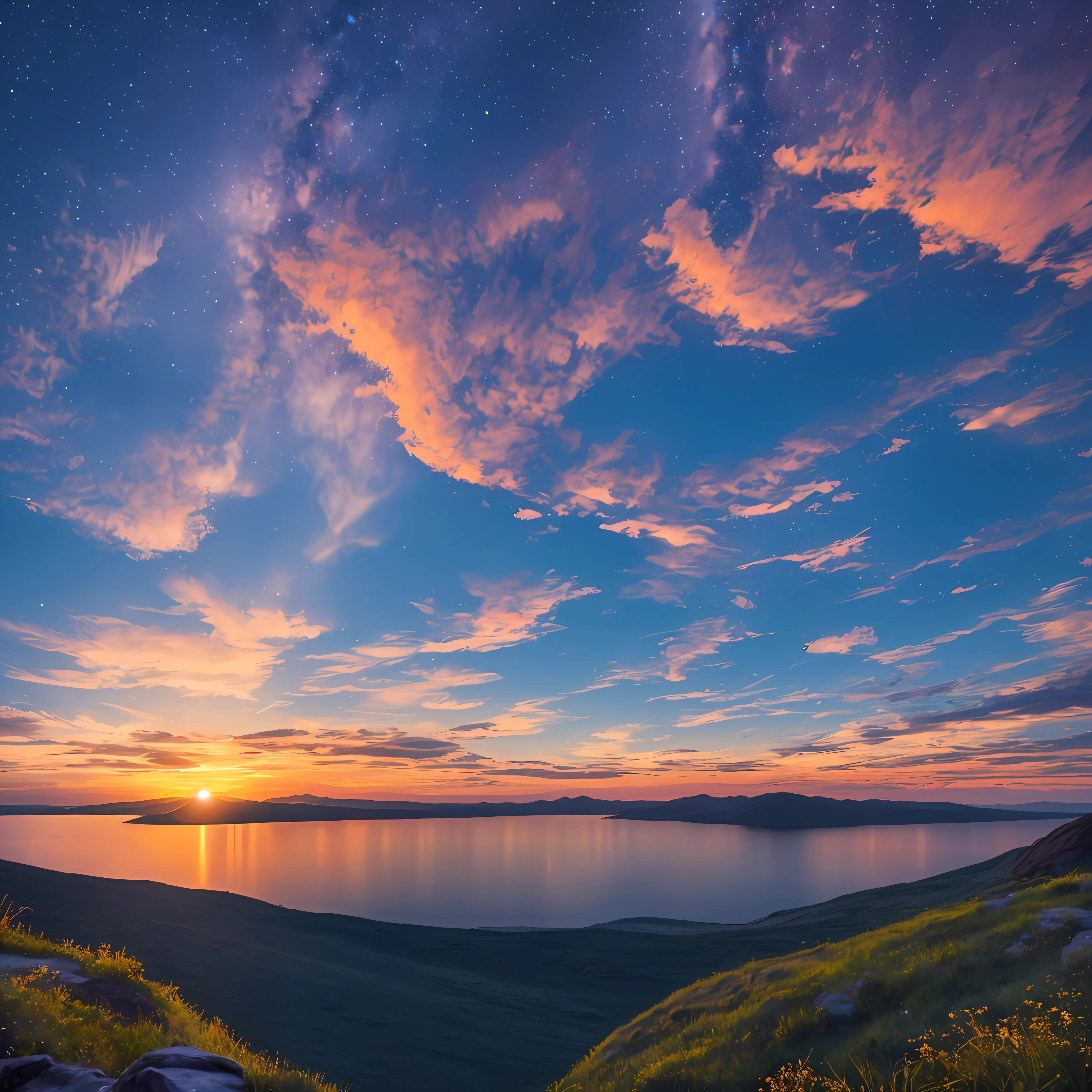 Sunrise, night glow, distant view, realistic, rich colors, beautiful and colorful, wide-angle lens, night shooting, positive film, naturalistic style, high definition shooting. --auto --s2