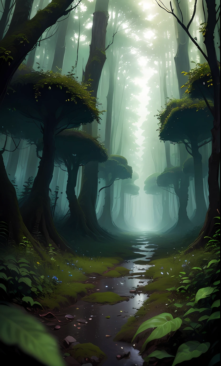 Miyazaki hayao style,Cinematography style,full of detail,pixelart,Soft light,natural beautiful light,Backlighting,Top light,Ambient lighting,Light from top to bottom,Ultra-detailed,the forest,dystopian,Overgrown,Ruins,High purity shades,Dark,depth offield(dof)