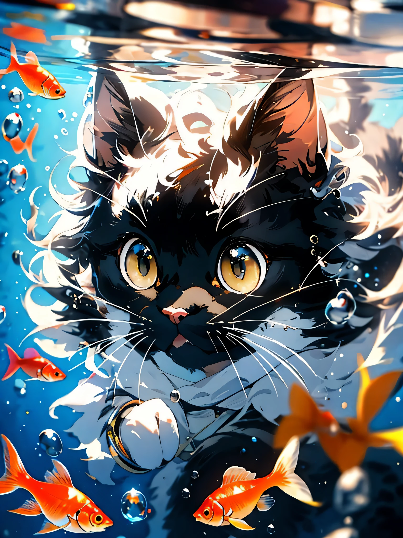 cat,MG mao,Exquisite visuals,high-definition,masterpieces,no humans,fish,animal focus,whiskers,animal,bubble,water,goldfish,yellow eyes,air bubble,underwater,HD,Tindal,