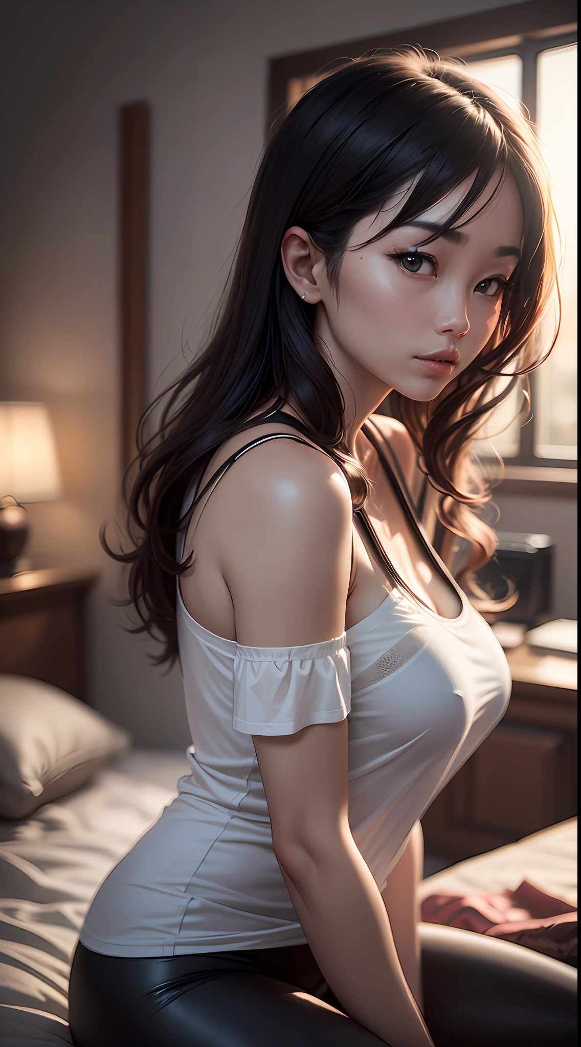 8K,MasterPiece,very high quality,up of a woman in a black dress,Close-up of sitting on bed,Korean girls,sensual look,Sexy shots,Young cute asian girl,cute women,Upper body butterfly shoulder strap slip shirt,yoga pant,(FULLBODY:1.2),FULLBODY, ambient light, Backlighting, volume illumination, realisitc, Realistic lighting,cinematic Lighting,depth offield,Clear focus,(High Contrast:1.2),(filmgrain),