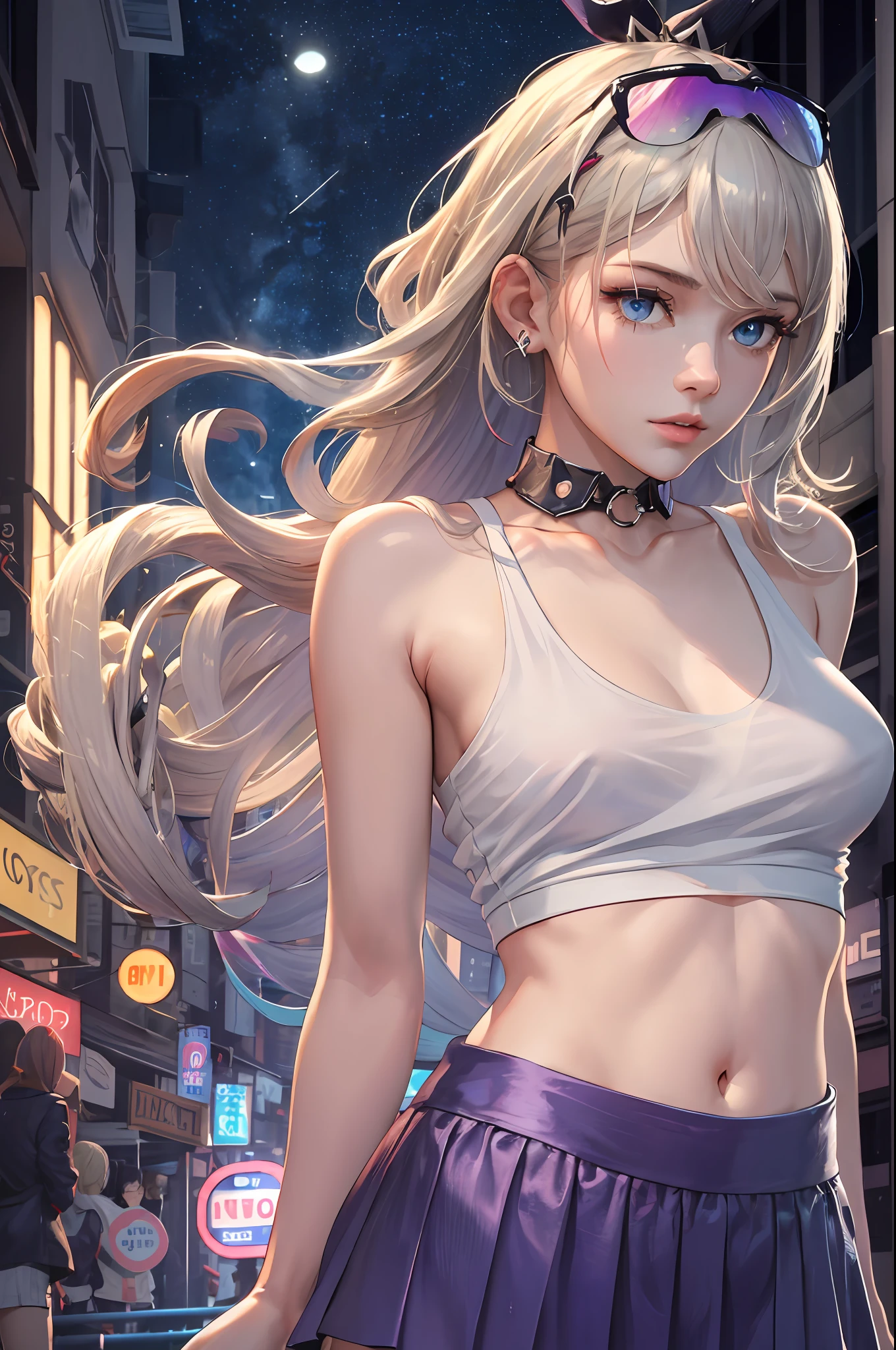 MasterPiece， best best quality，Delicate facial features，dynamicpose，1girl， platinum blond， long haired， blue eyes， Small lively breasts， in street， night， neon lighting， white t - shirt， braless， pleatedskirt， Poker face， frontview， standing a