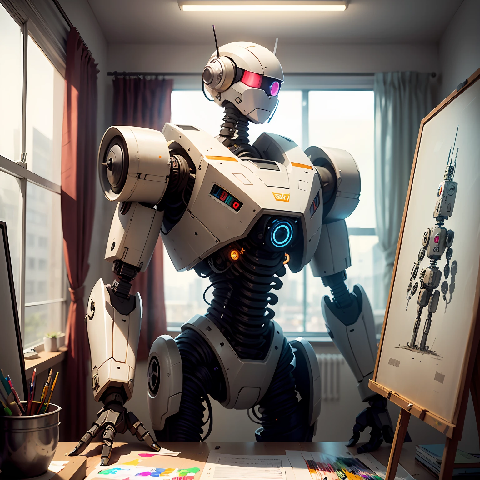 The poster,a robot,In a studio,Drawing a picture,The content of the painting is another robot --auto