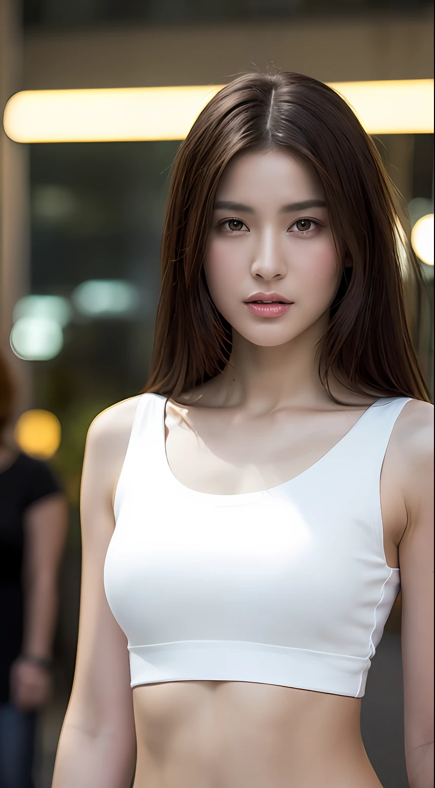 ((Realistic lighting, Best quality, 8K, Masterpiece: 1.3)), Clear focus: 1.2, 1girl, Perfect Figure: 1.4, Slim Abs: 1.1, ((Dark brown hair)), (White crop top: 1.4), (Outdoor, Night: 1.1), City streets, Super fine face, Fine eyes, Double eyelids,