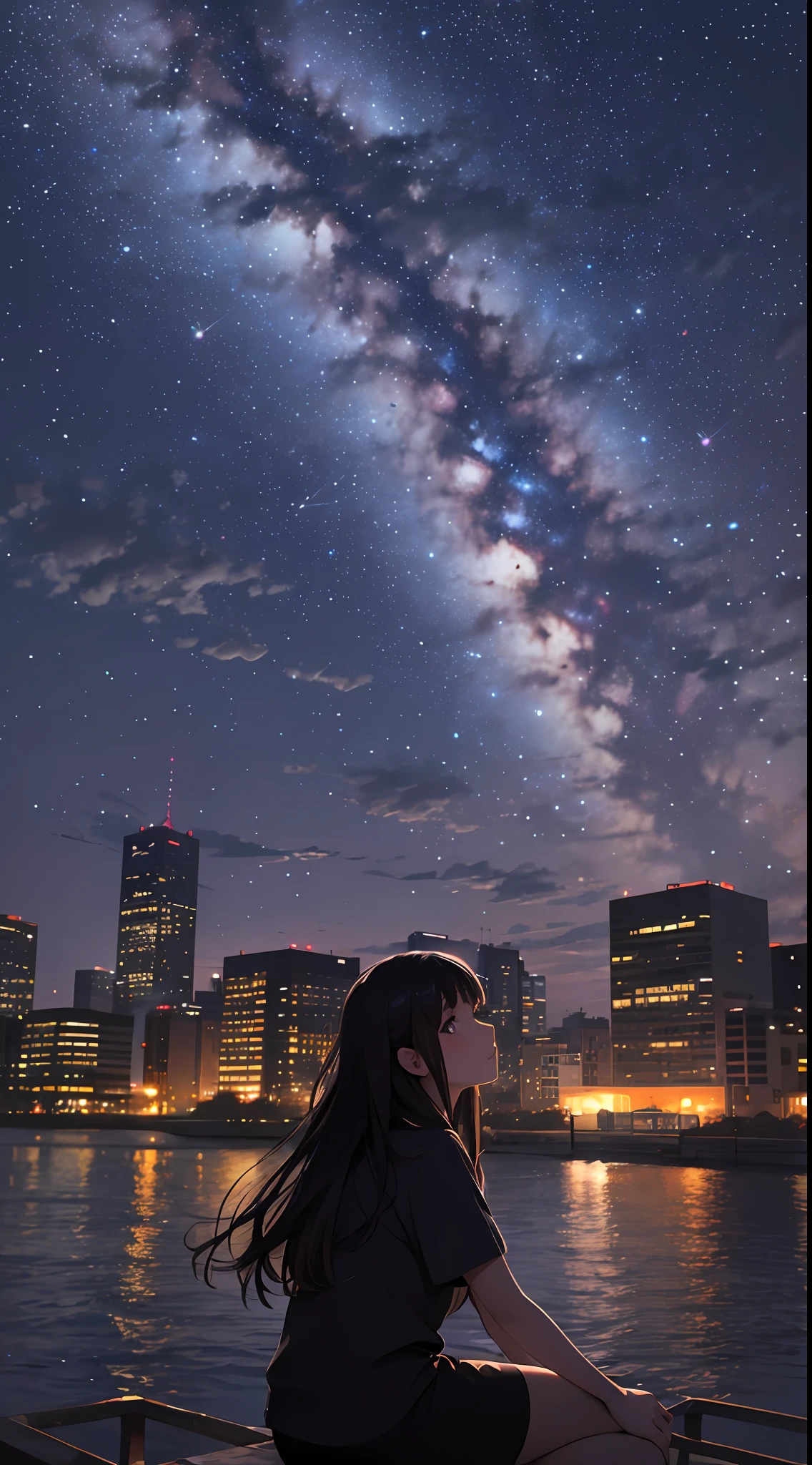 octans, sky, star (sky), scenery, starry sky, night, 1girl, night sky, solo, outdoors, building, cloud, milky way, sitting, tree, long hair, city, silhouette, cityscape --s500 --auto