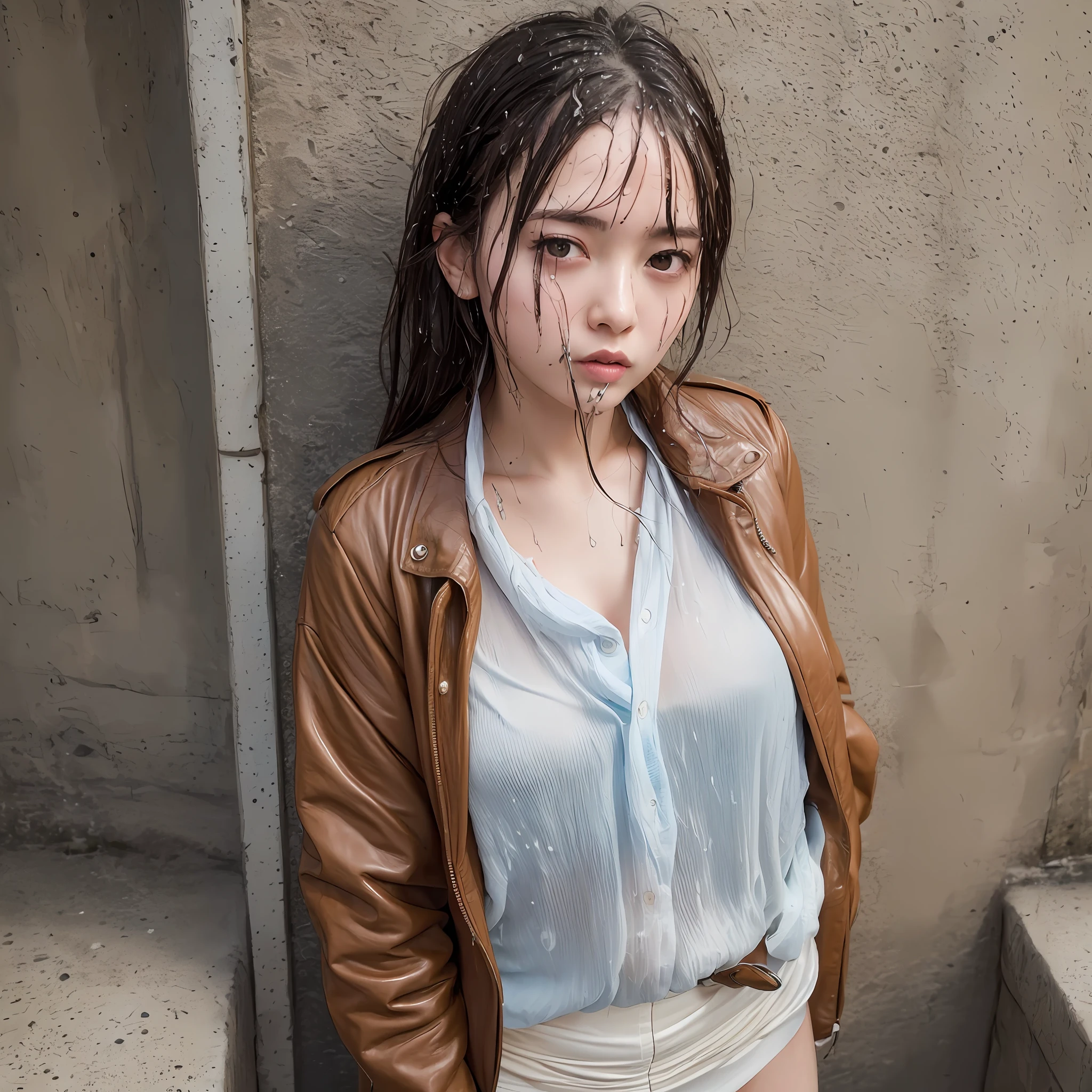 Leather jacket、(((Wet outerwear)))、white blouse、Sheer blouse、(((The blouse is wet and sticking)))、((((clothes are wet))))、((Clothes with water))、((clothes that get wet and stick to the skin))、((skirt is wet))、((wet shiny skin))、((face wet))、((Wet hair clings to your face and shoulders))、drops of water、((Brown hair is wet))、((Hair is disheveled))、一人の25才の大人な女性、one piece、White underwear、underware、Brown hair is wet、 (Realstic、RAW Photography、highest quality、masuterpiece、:1.2)、photoreal:1.37)、OC、16k、HIGH DEFINITION、masuterpiece、