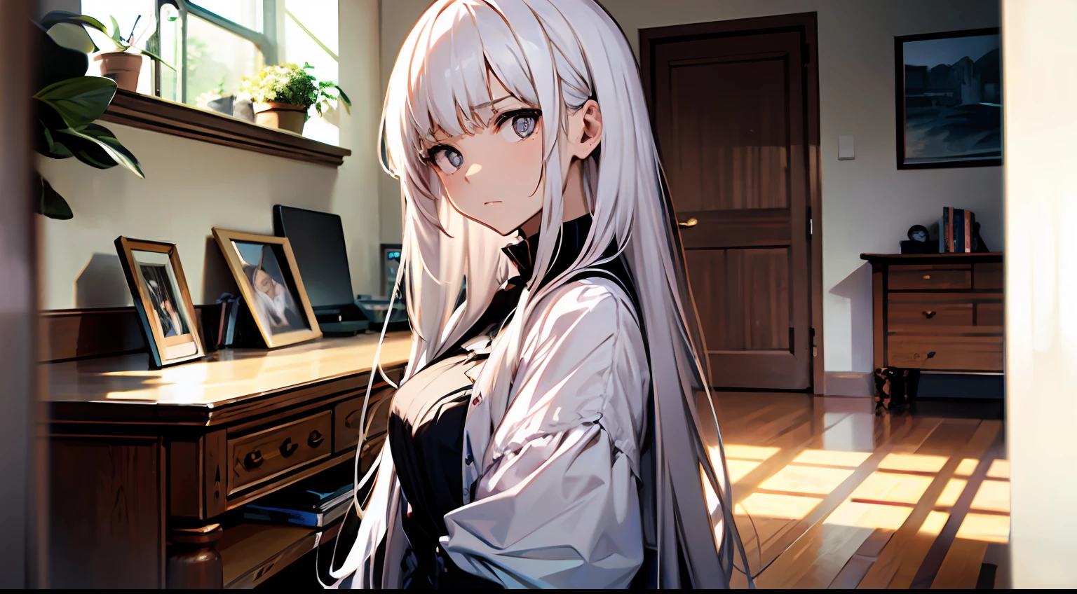 MasterPiece,Best quality,girl,white very long hair,Sad-looking expression,Stand in the living room