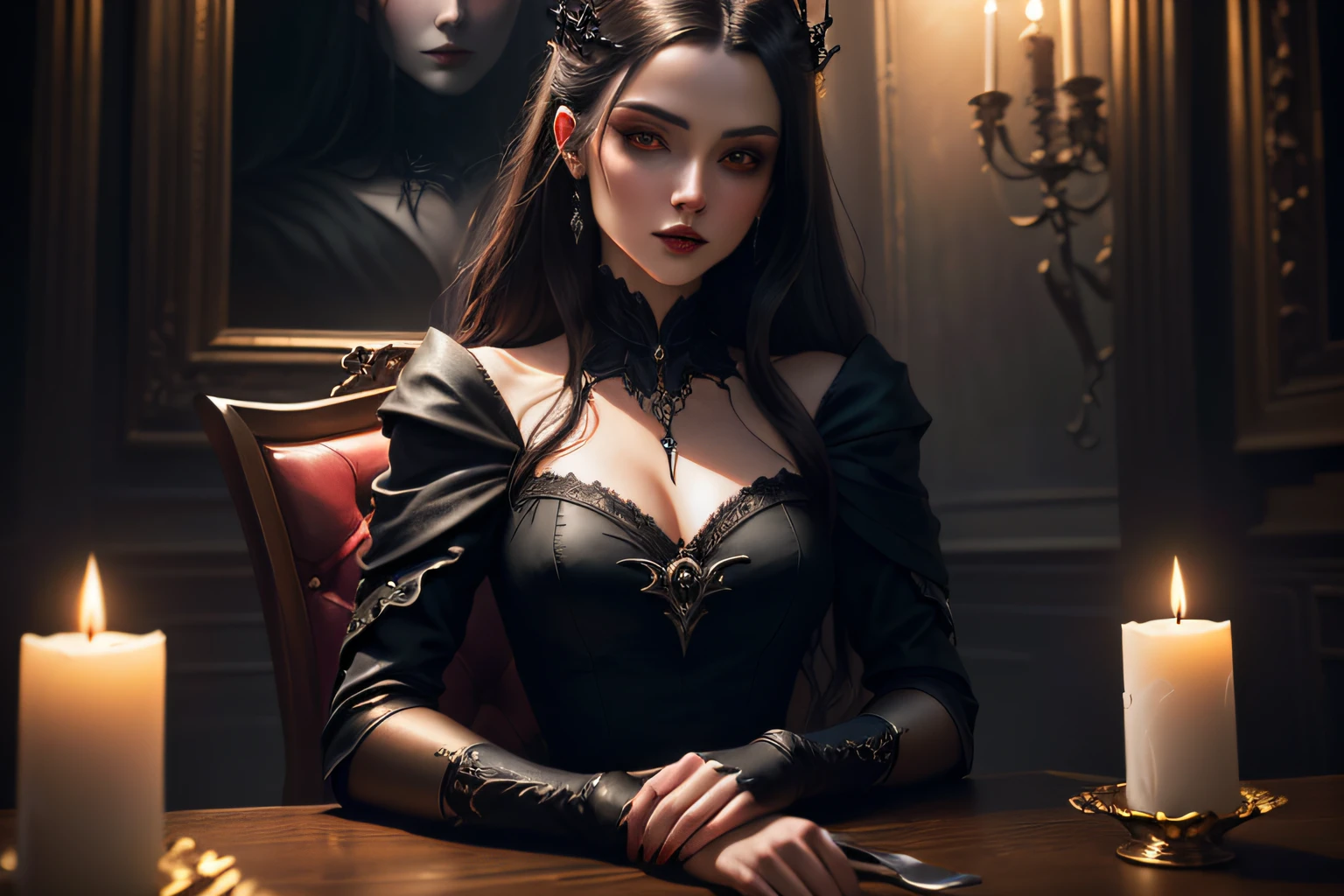 There was a woman sitting at a table,There is a candle in front of him, dark fantasy portrait, dark fantasy style art, photorealistic dark concept art, gothic fantasy art, in style of dark fantasy art, beautiful vampire female queen, dark fantasy art, necromancer sitting at table, beautiful vampire queen, elegant cinematic fantasy art, portrait of a lady vampire