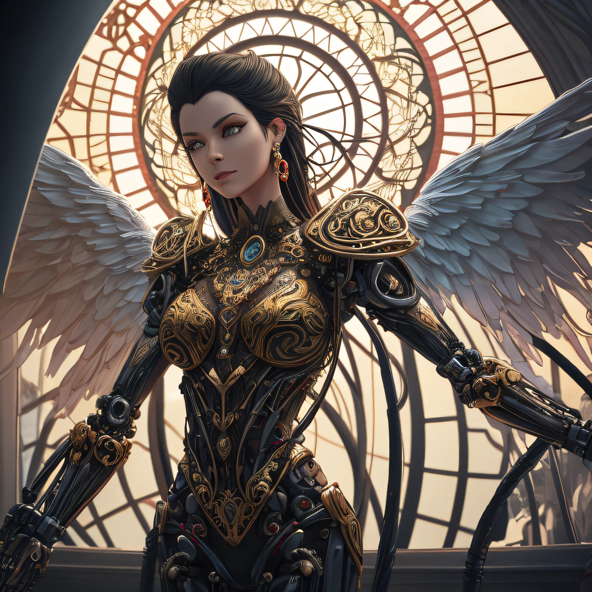 Intricate 3d rendering ultra-detailed beautiful angel of death, biomechanical robot, simulated 150mm lens, beautiful natural soft edge light, neon veins, roots, delicate leaf lace, colorful details, Boris Bidjan Saberi costume, pearl earrings, piercings, art nouveau fashion embroidery, intricate details, mesh lines, Mandelbrot fractals, facial muscles, cables, microchips, villains, surreal, ultra-detailed, octane, volumetric lighting, 8k and post-production, red The white has a little bit of black, Metal Skeleton Details, Half-Human, Iridescent, Glenn Brown Style, Futuristic Room, Power of God, High Angle Shot, Complex Body Poses --auto
