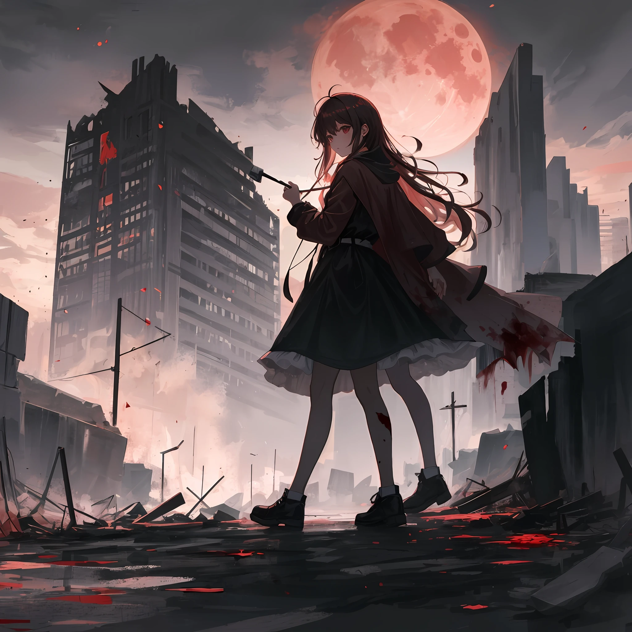 1girl， Mature，stable，stable， Long scarlet hair， on night， Ruins， Night sky， Crimson Moon，Girl wanders through ruined city，（master masterpiece， best best quality， ultra Detailed， High Contrast， （Best Lighting， extremely refined and beautiful）， girl's whole body was covered in blood，