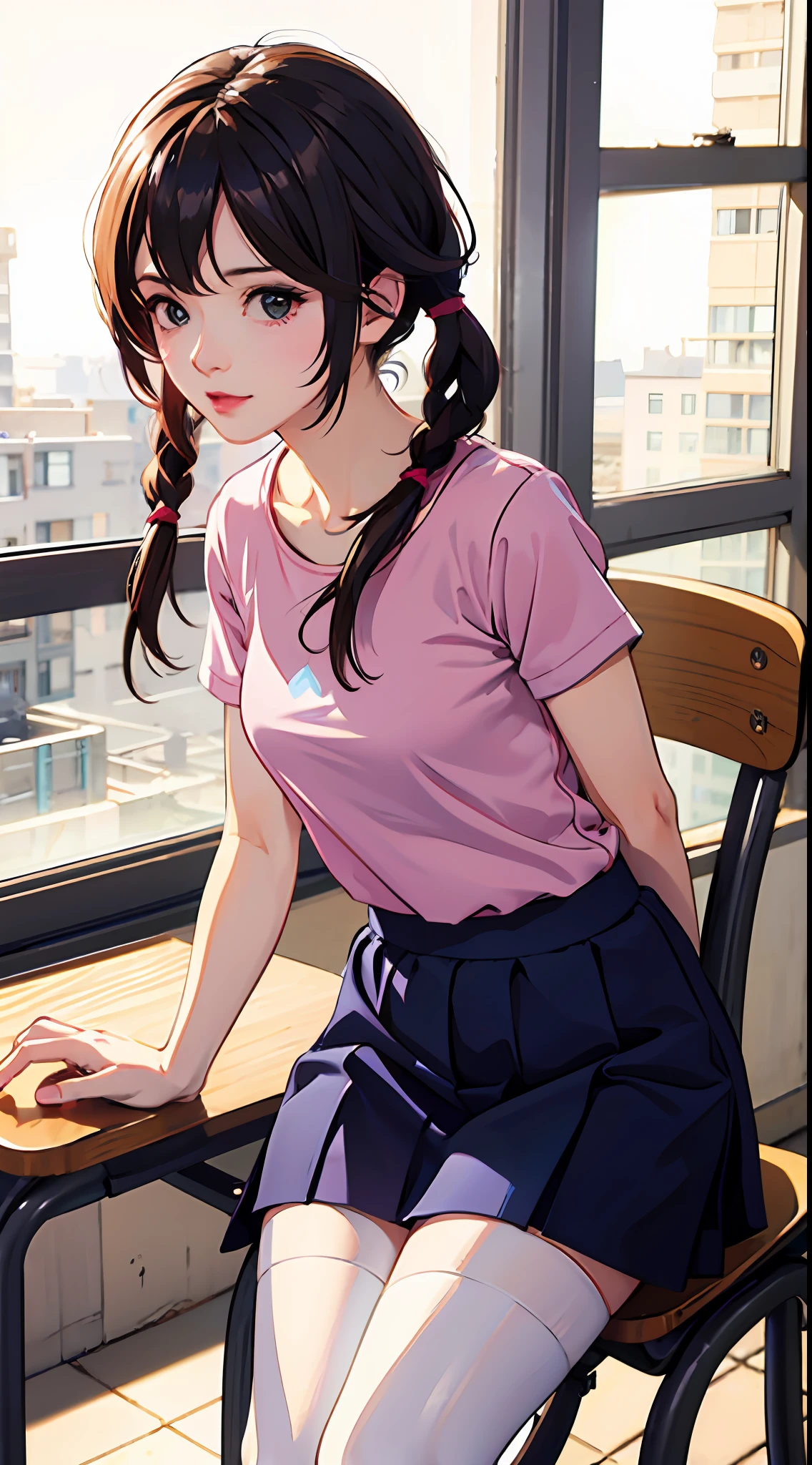 masterpiece:1.3,best quality:1.2, realistic:1.3, highly detailed, official art,large masterpiece digital art, detailed manga illustration, finely detailed,HIGH RES,Stunning art,illustration,1 girl, solo,white streaked hair:0.9,red braid twintails hair:1.2,sigh, makeup, (pink t-shirt),( blue skirt), ahoge, white pantyhose, thighhighs, photoshop \(medium\), fingers, sitting on chair,cinematic lighting,depth of field, lens flare,classroom,multiple desks, neat desks, ( window background),