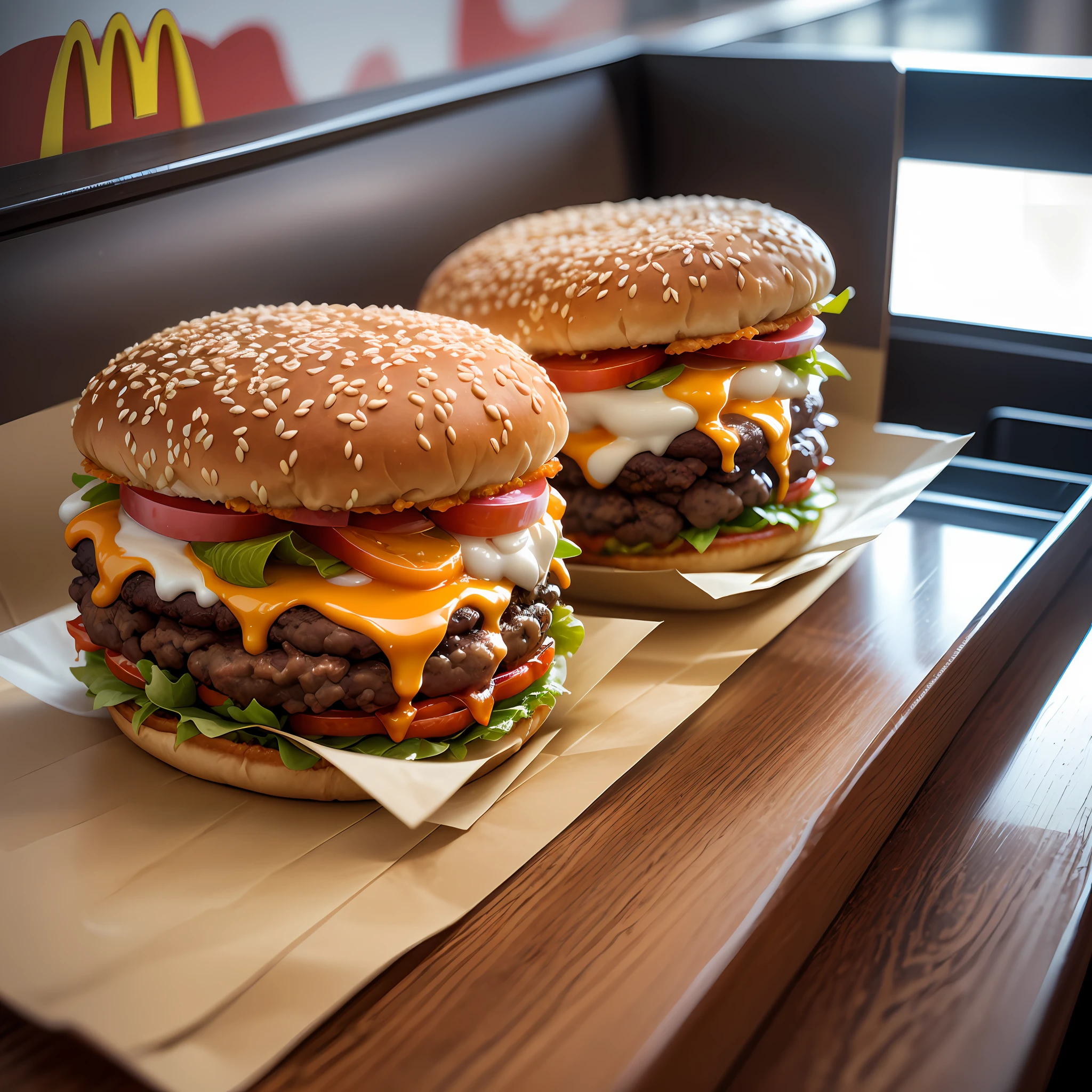 photo of the ultra-realistic juicy BigMac against the inside of a McDonald's , closeup, retroiluminado, advertisement --auto