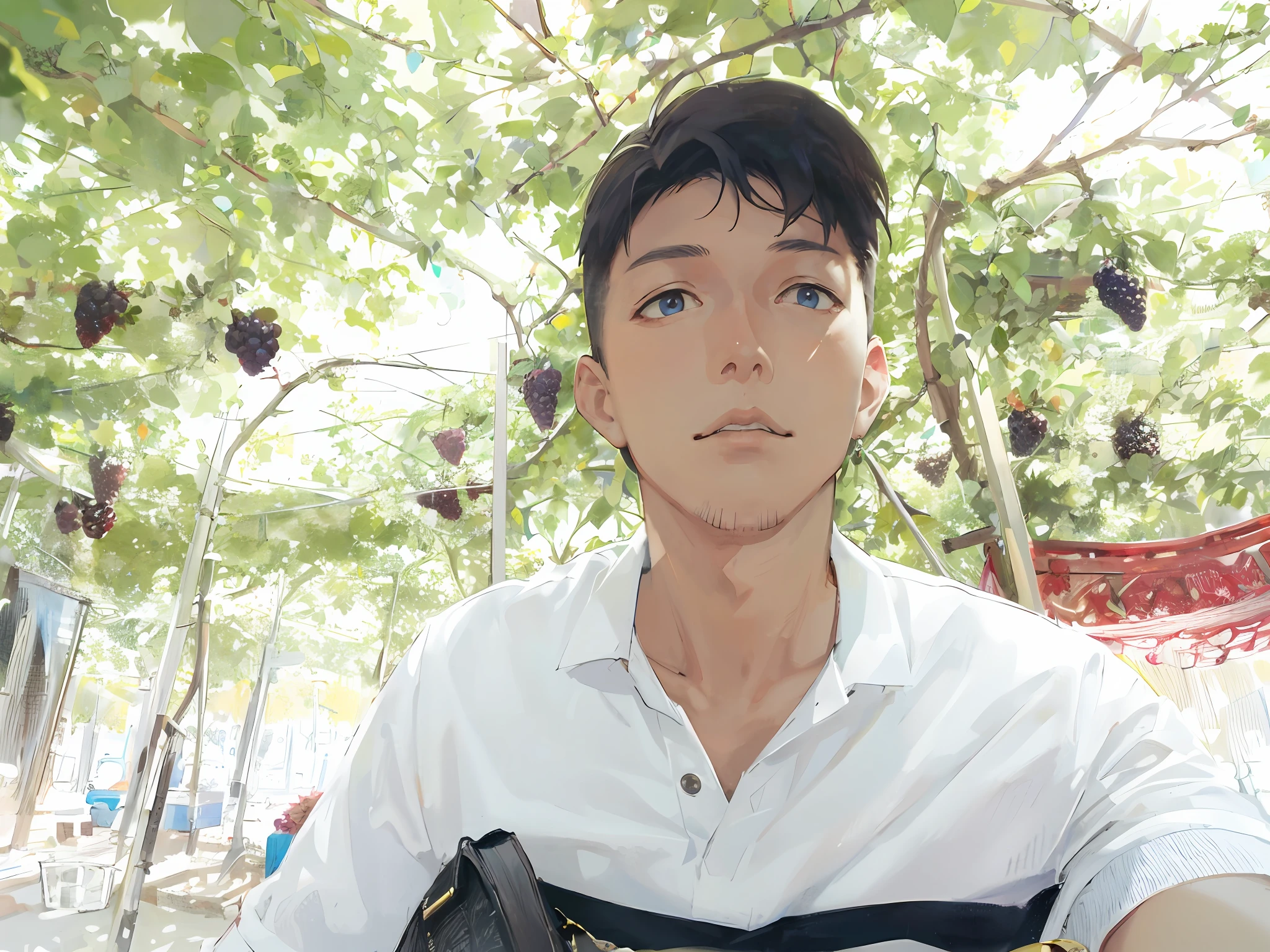 1boy, apple, bag, bangs, berry, black hair, black shirt, blue eyes, hair between eyes, jewelry, leaf, looking at viewer, male focus, necklace, pants, shirt, solo, watch, white pants, wristwatch, messy hair, trending on artstation, 8k resolution, highly detailed, anatomically correct, sharp image, digital painting, concept art, trending on pixiv, style of makoto shinkai,