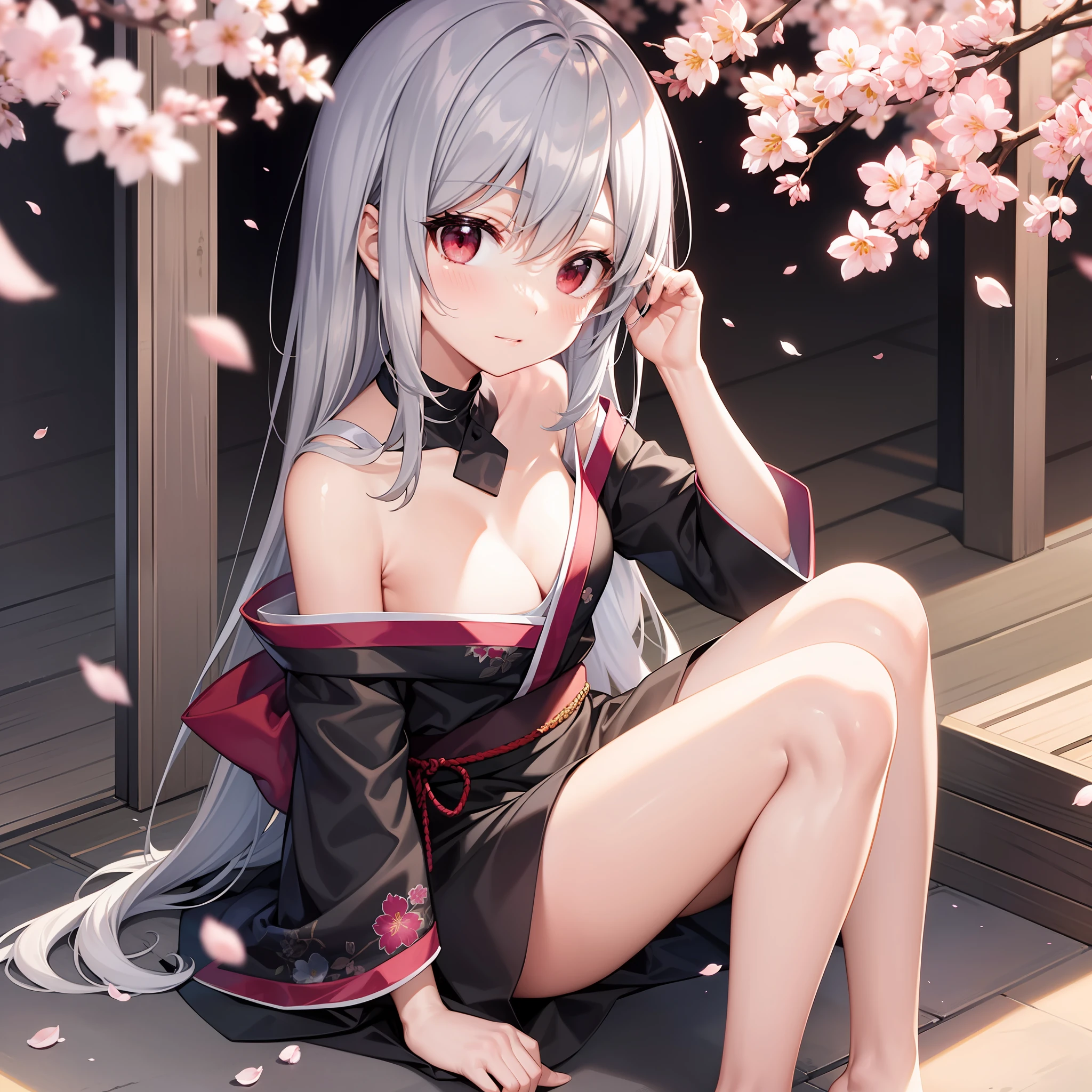 solo、1人、Gray Hair、Red Eyes、babes、kimono ,、off shoulders、month、Cherry Blossoms、Sitting