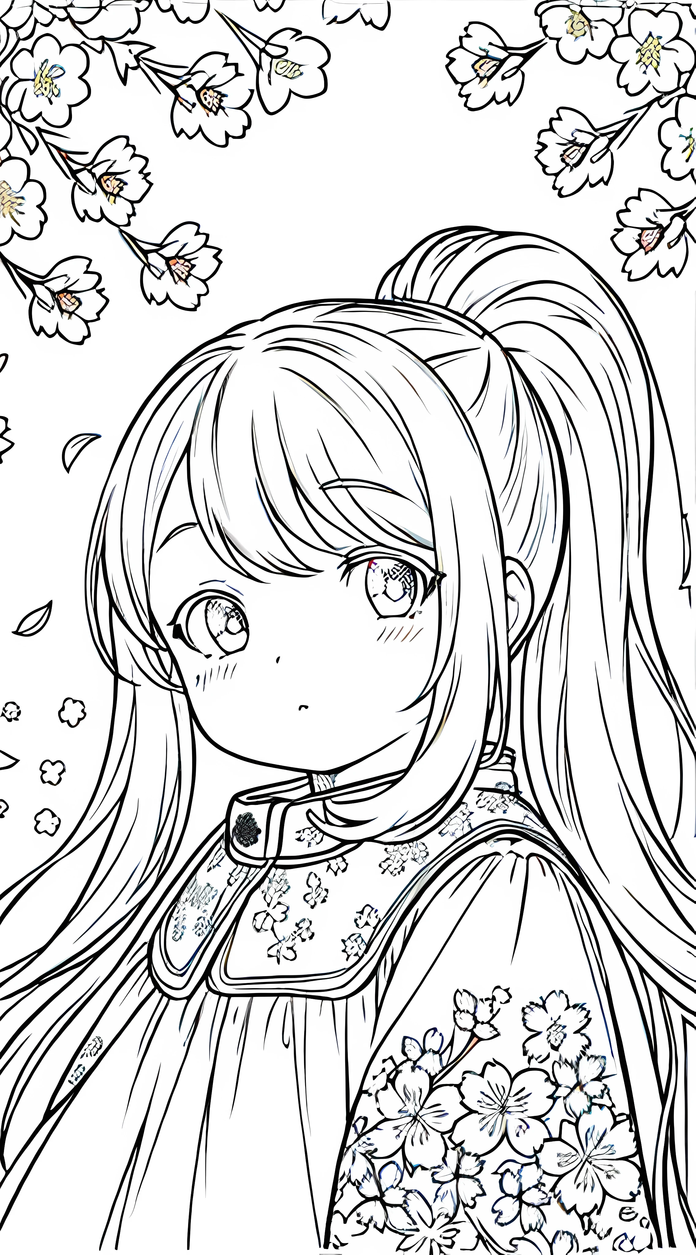 Detail face, ((Perfect detail)), Cold light, ((Data in eyes)), ((Data embellishment hair)), Line drawing, Monochrome, Line drawing cute , white hair, cherry blossom line drawing white background,